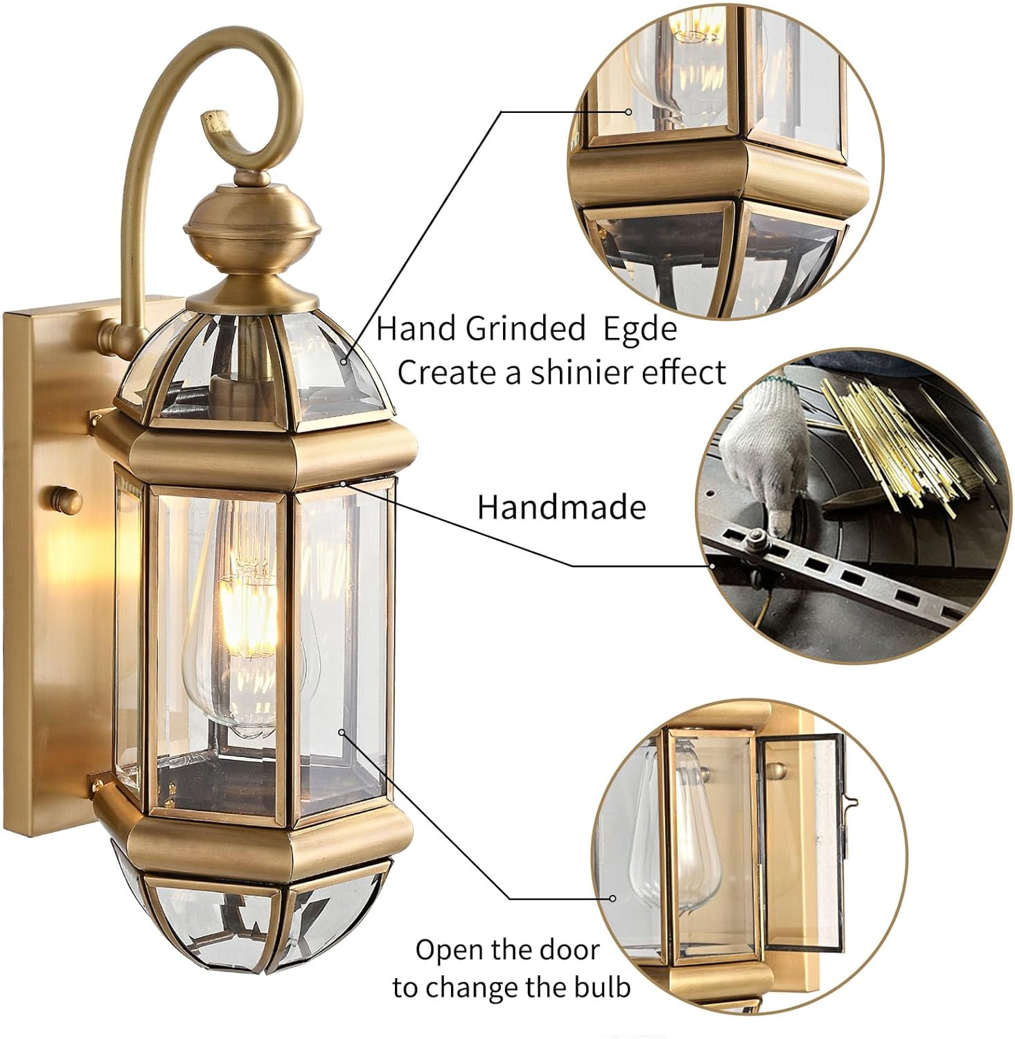 Milaii 17" H Copper Brass Outdoor Wall Light Exterior Lantern Gold Light Fixtures Outside Porch Lights IP65 Waterproof Paito Wall Mount Lighting for House