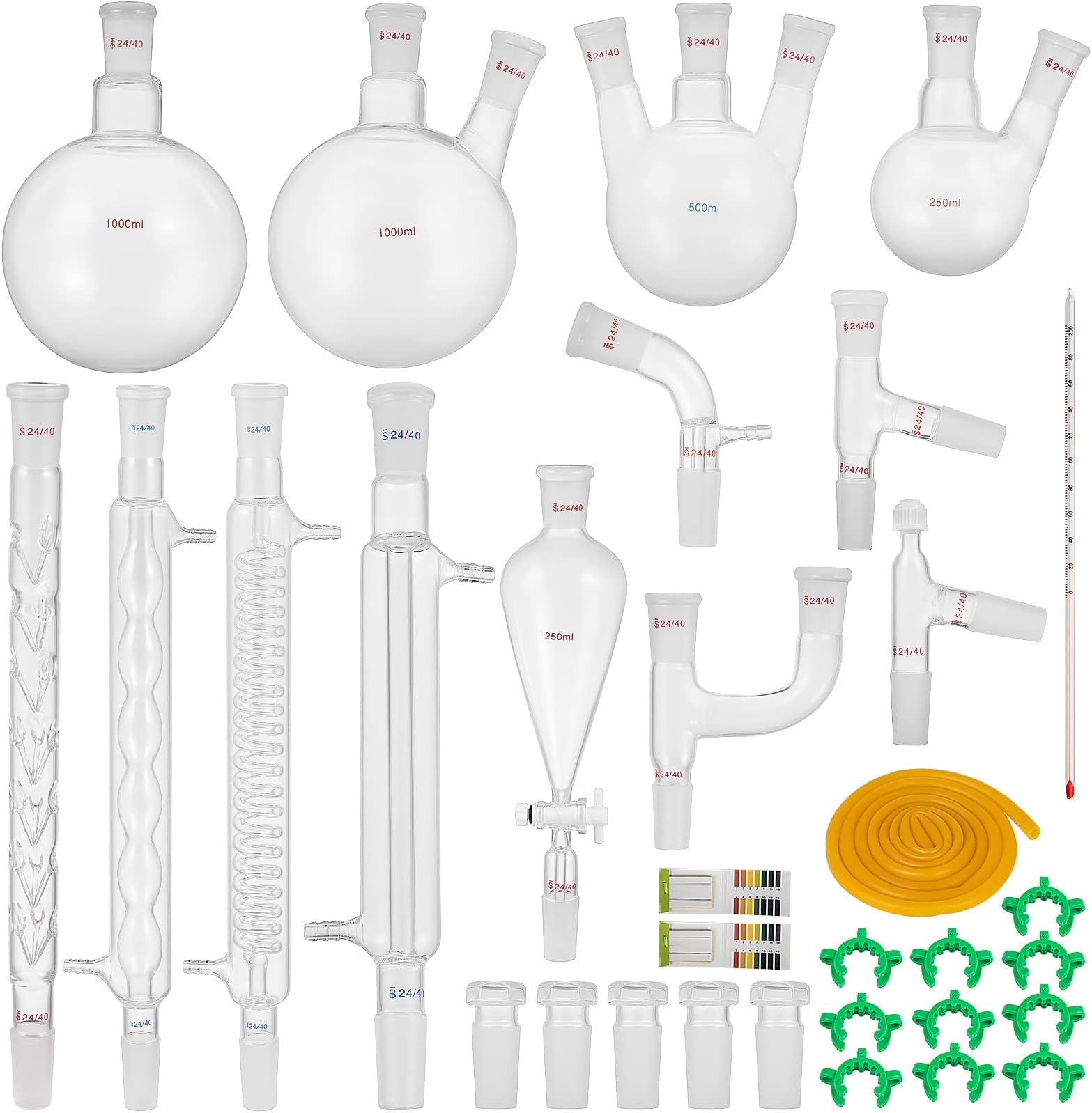 VEVOR New Laboratory Glassware 24/40 Chemistry Glassware 32PCS Chemistry Lab Glassware Kit 250 1000ml for Distillations Separation Purification Synthe๏ผ24/40, 32PCS๏ผ