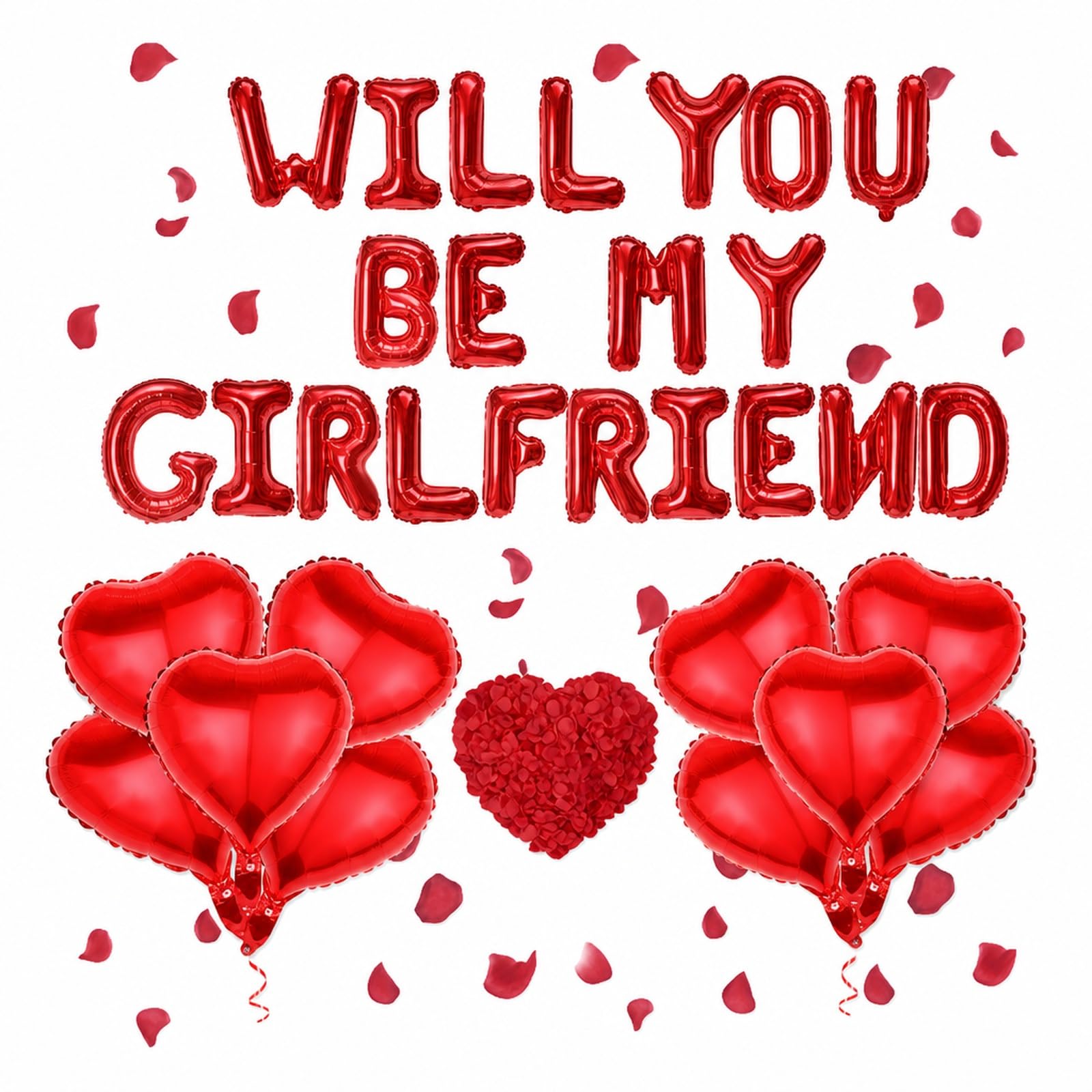 Will You Be My Girlfriend Balloon Set, 10 Hearts and 100 Rose Petals