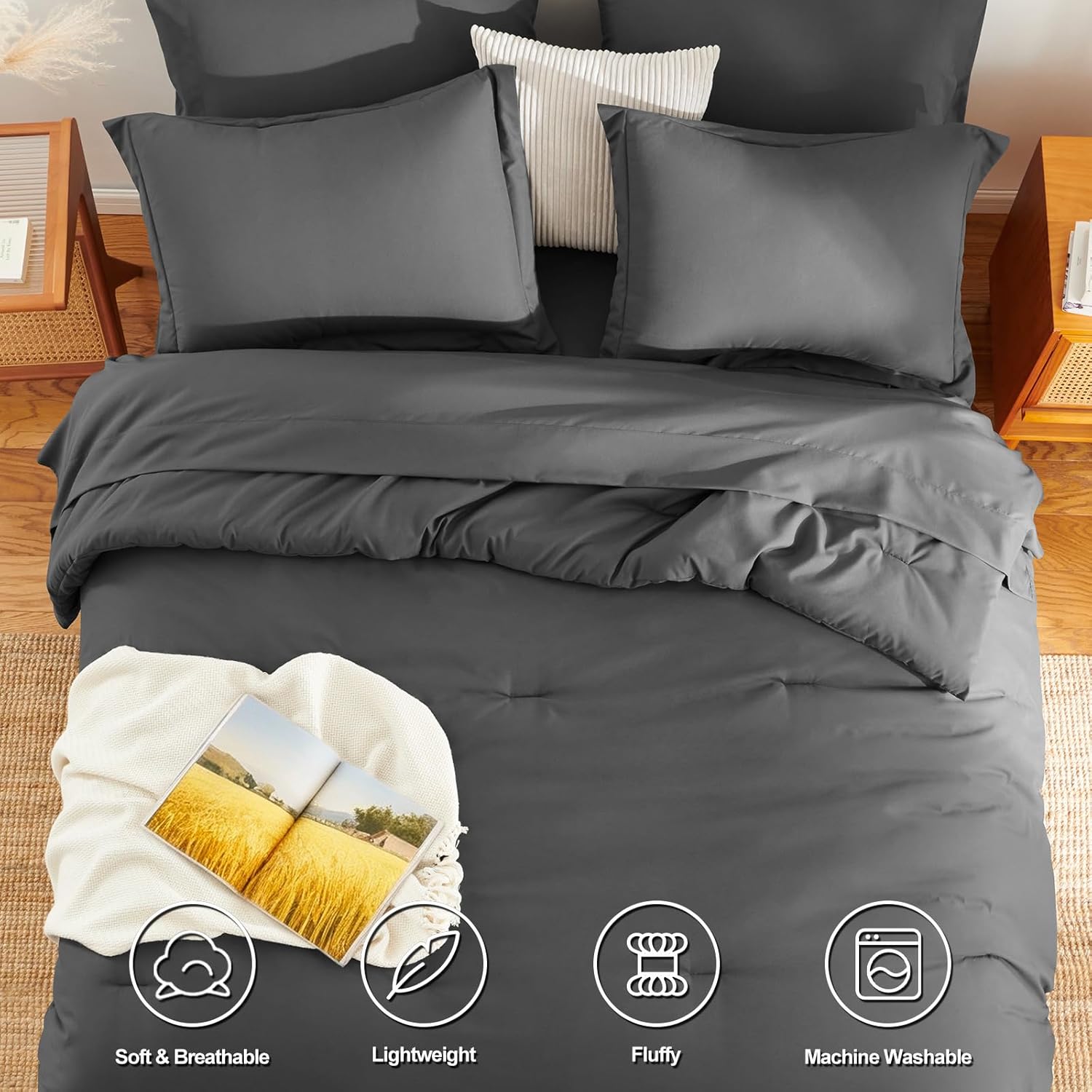 Full Size Comforter Sets - 7 Pieces Dark Grey Bed in a Bag, Soft Lightweight Bedding Set, All Season Bed Set with Comforter, Flat Sheet, Fitted Sheet, Pillowcases & Pillow Shams - Image 2
