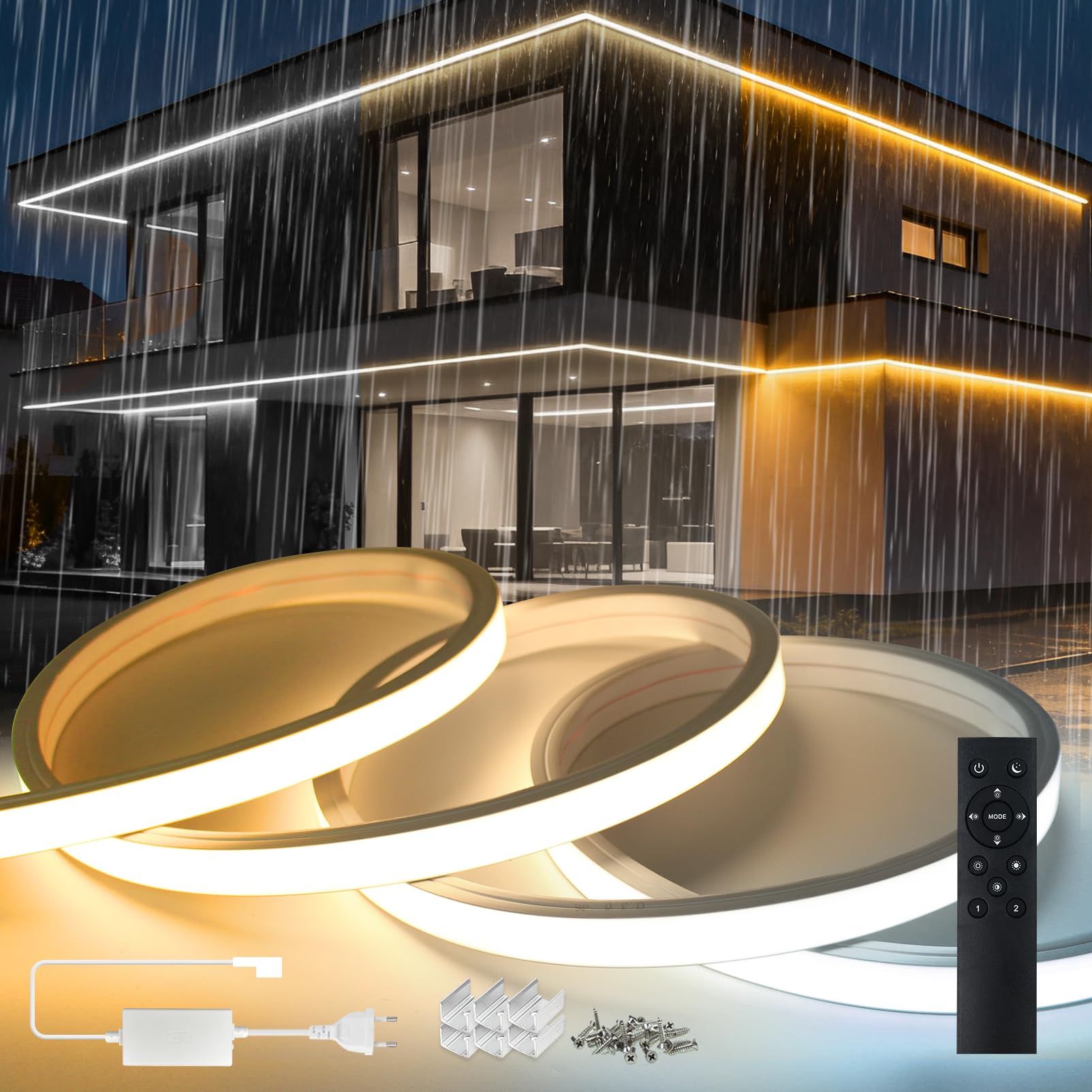 SUCIKORIO 5m Neon LED Streifen 230V Dimmbar mit Fernbedienung Warmweiss 3000K-Weiß 6500K Silikon Wasserdicht IP65 Led Strip 10mm Led Lichterkette Außen Flexibler Lichtband Aussenbereich mit Netzteil