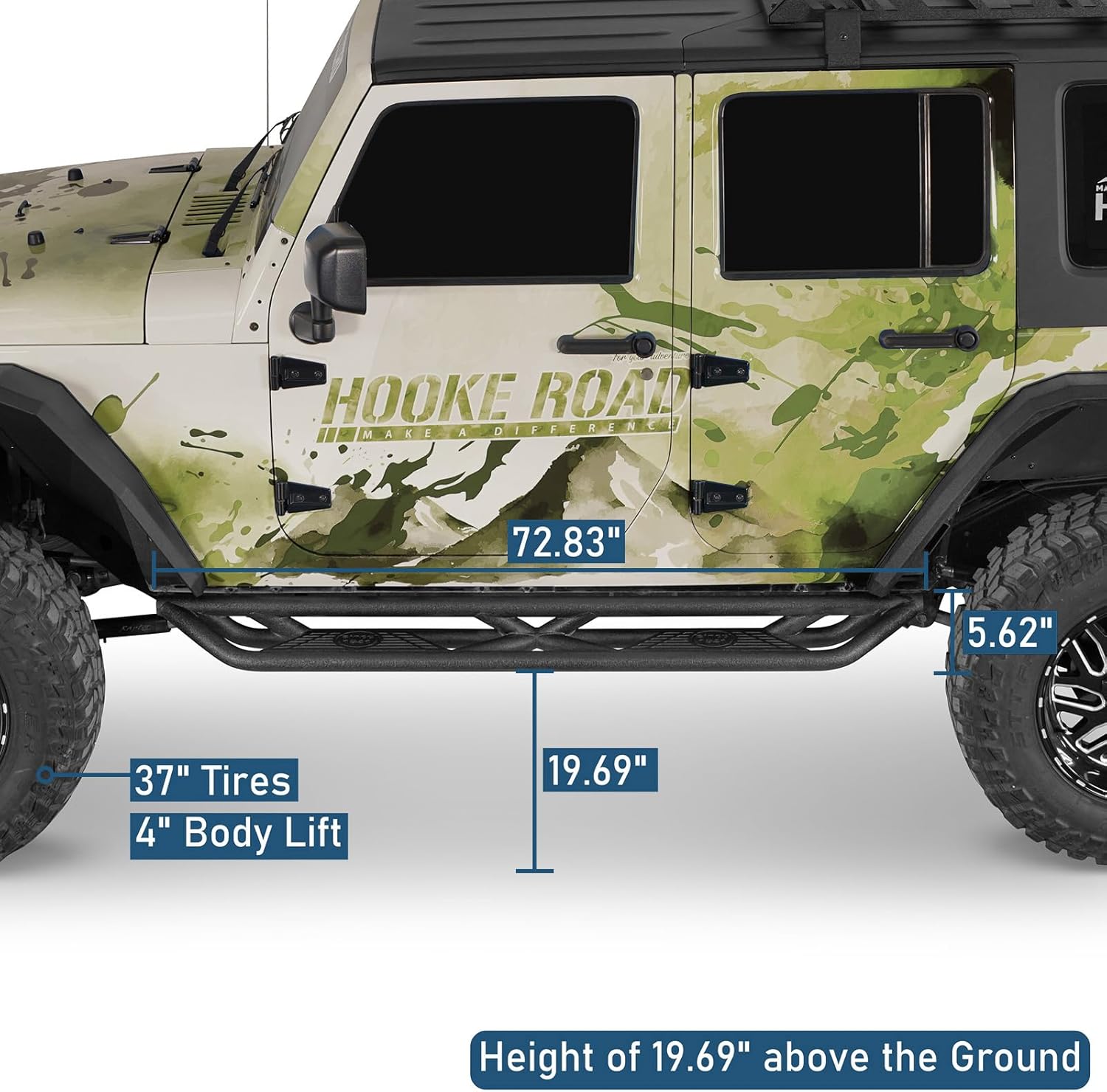 Hooke Road JK Running Board 4 Doors, 5.6" Drop Side Step Rail Nerf Bars for 2007-2018 Jeep Wrangler JK Unlimited 4-Door, Tubular Rock Slider Rocker Guard