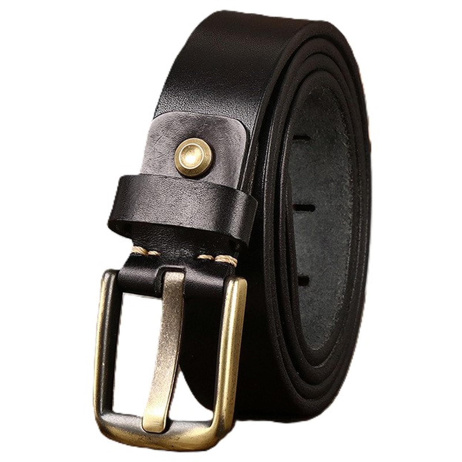 AGUTALITHIC Cowhide Leather Belt 3.3cm Wide Thicken Strap Heavy Duty Solid Brass Wide Pin Buckle for Work Business and Casual(130cm/51, Black)