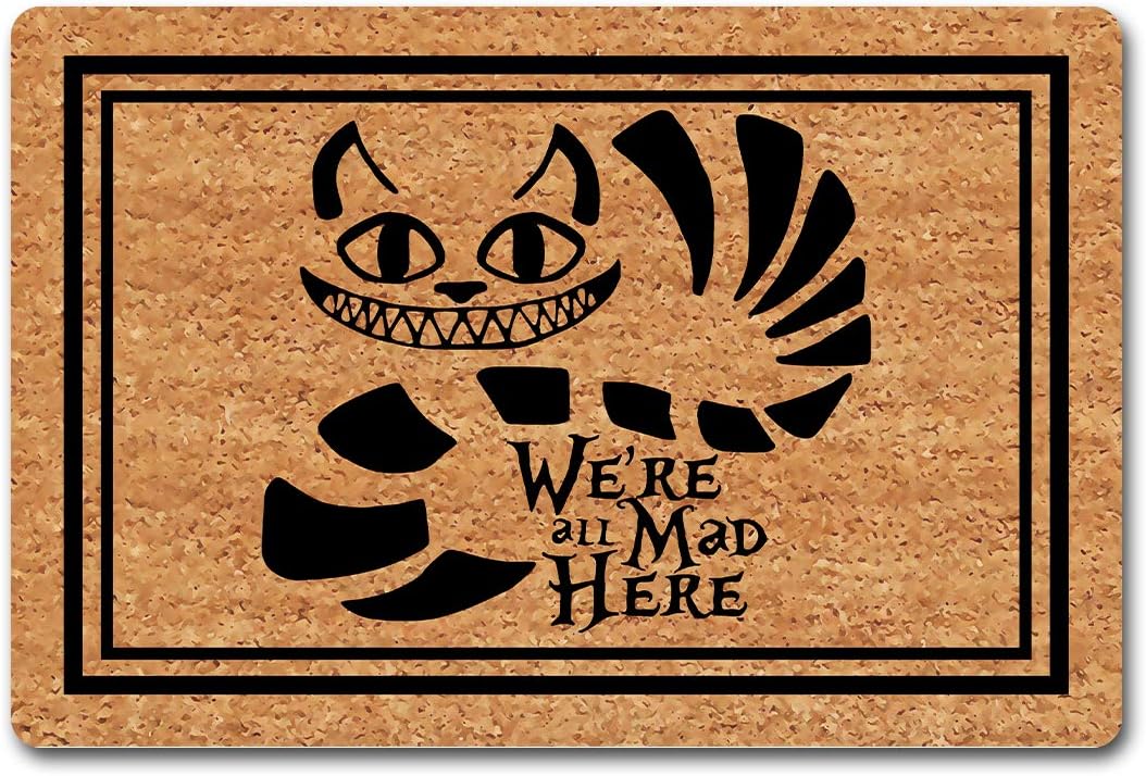 Funny Welcome Doormat For Entrance Way Indoor We're All Mad Here Area Rugs Personalized Theme Doormat Home Decor Rubber Anti-Slip Welcome Mats 23.7"(L) x 15.9"(W)Kitchen Rugs and Mat Monogram Rugs