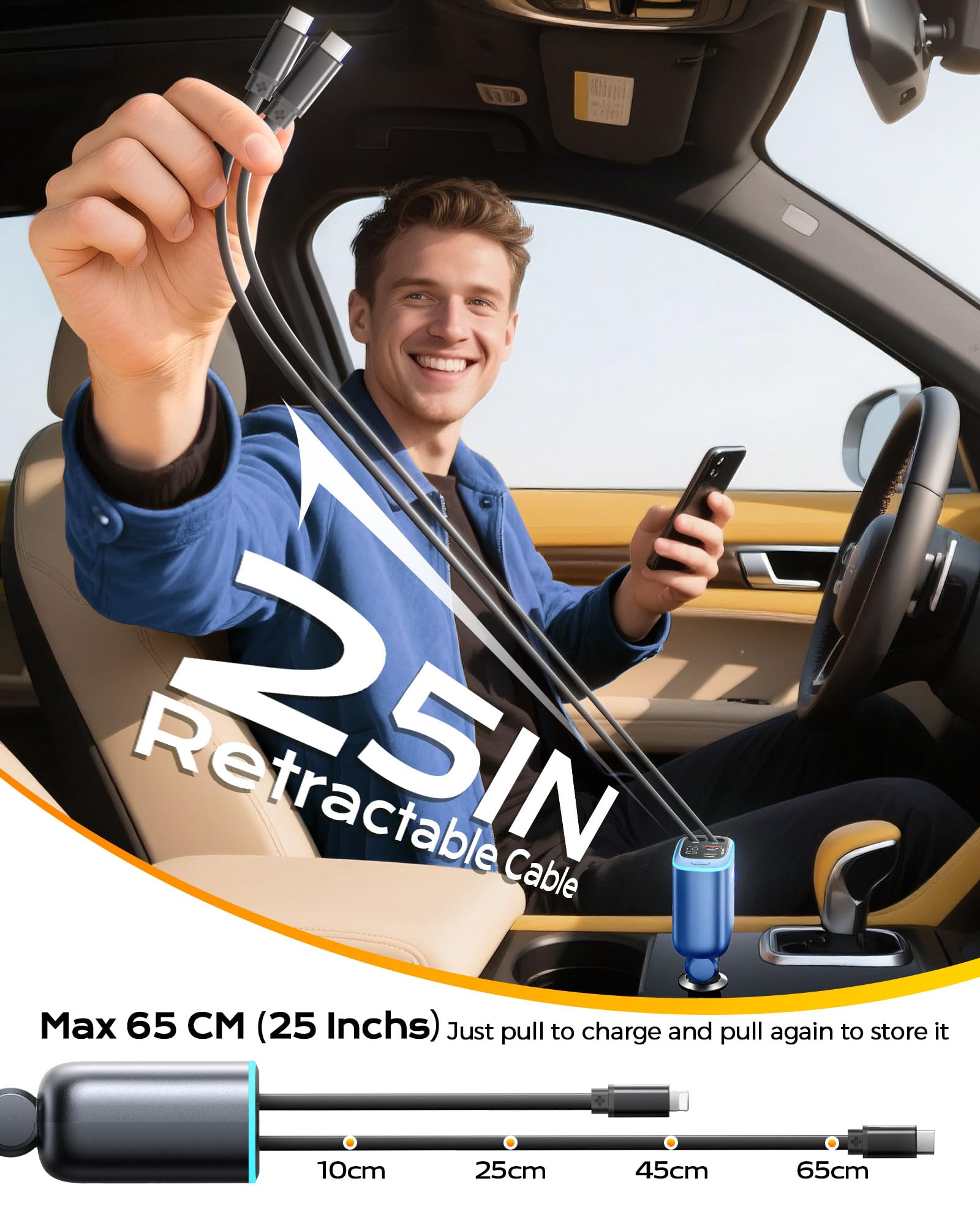Caricabatteria da auto per iPhone con 2 cavi USB C retrattili, colore: Blu