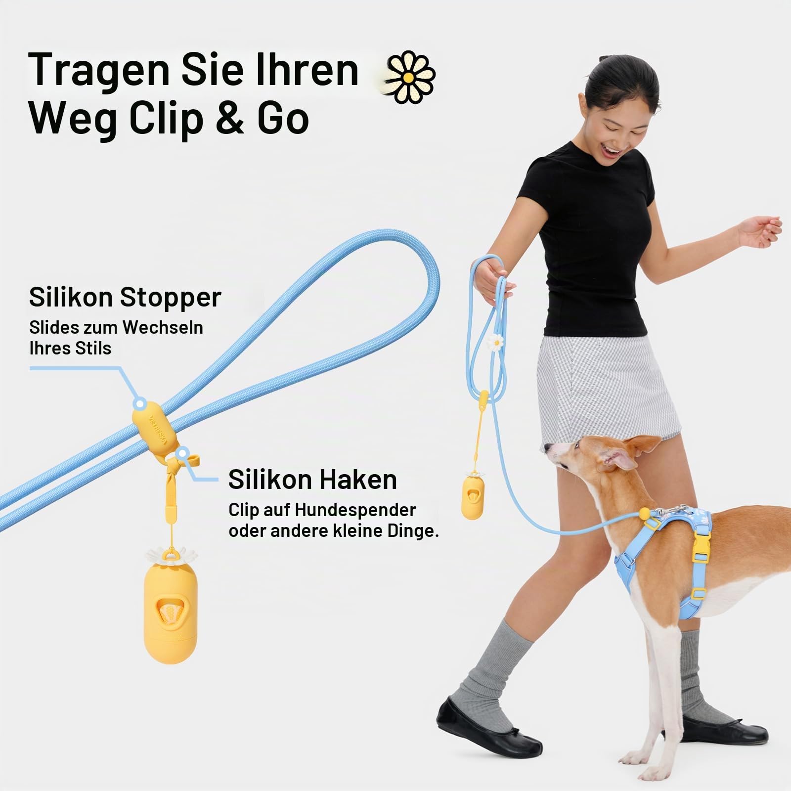 VETRESKA Freihand-Hundeleine, 1,5 m, verstellbare Seilleine für kleine, mittelgroße Hunde, multifunktionale Leine zum Spazierengehen, kein Ziehen, mit Beutelspender, 2-in-1-Spaziergang-Set (Daisy)
