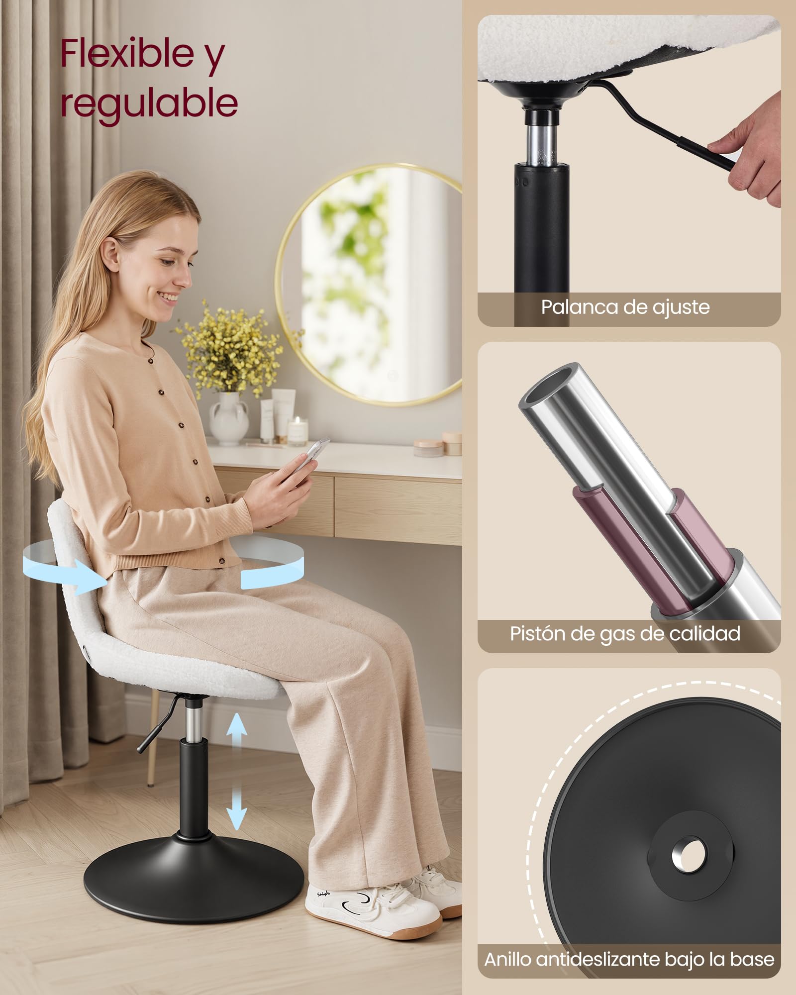 VASAGLE Taburete Tocador, con Respaldo, Silla de Tocador de Altura Regulable, Giro de 360°, para Dormitorio, Comedor, Tela de Felpa, Blanco Crema LJB160WD01