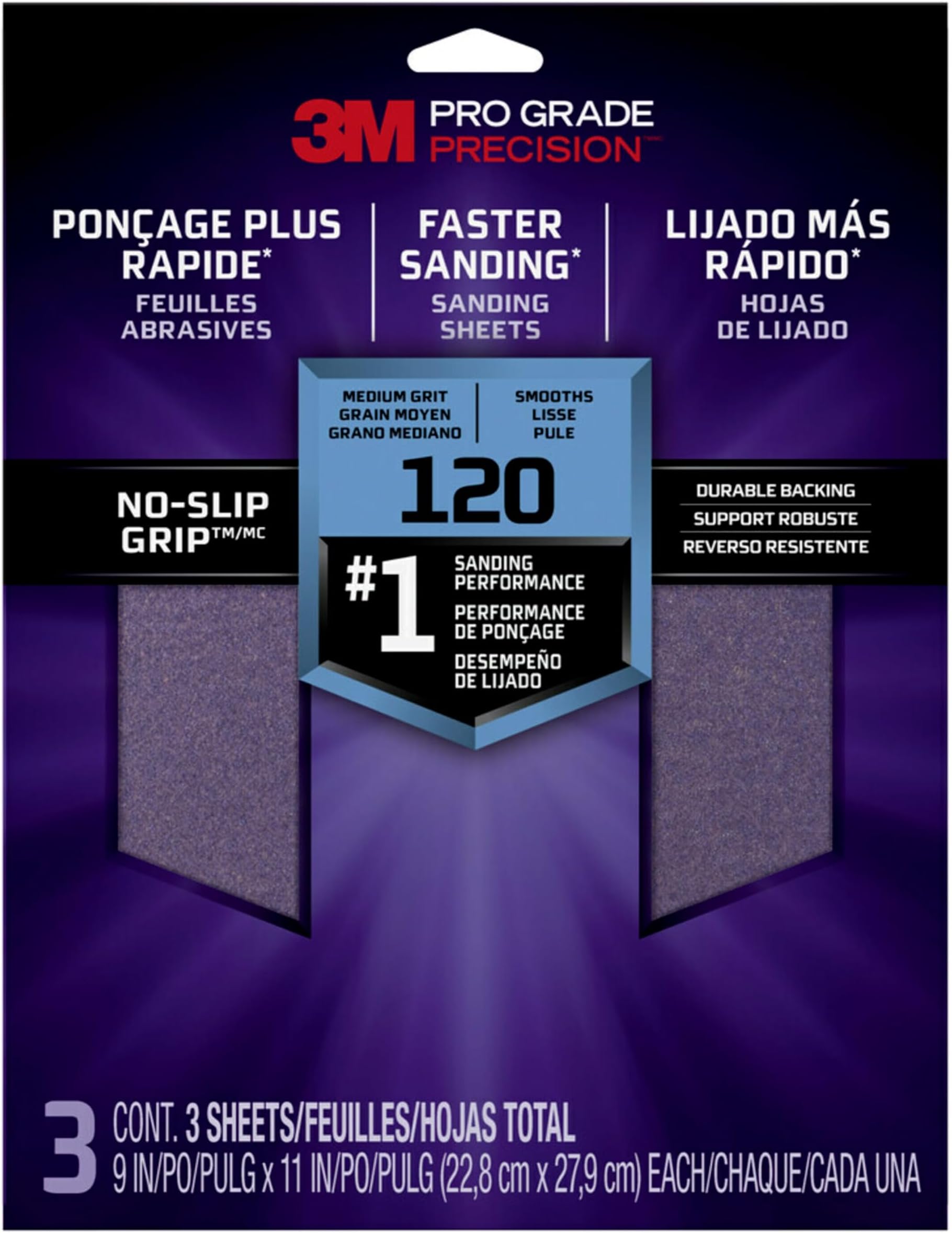 3M Pro Grade Precision Faster Sanding Sanding Sheets 120 grit Medium, 26120TRI-3, 9 inch x 11 inch, 3 Sheets