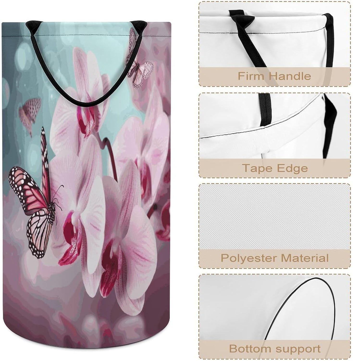Orchid Flower Butterfly Laundry Basket 86L Laundry Hamper | Collapsible Clothes Hamper with Reinforced Handles Waterproof Tall Foldable Dirty Clothes Basket for Hotel, Home, Closet