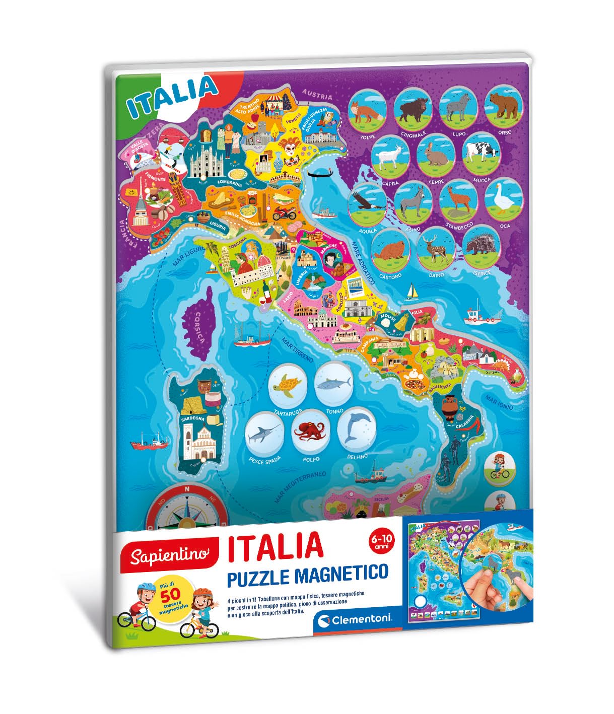 Clementoni Sapientino - Italia, Puzzle Magnetico, 4 Giochi in 1, 50+ Tessere Magnetiche, per Bambini 6-10 Anni, Scopri l'Italia con le Tessere Magnetiche, Idea Regalo, Made in Italy, 30x40 cm, 16690