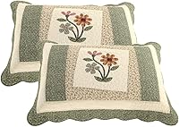 vctops 2-Piece Green Floral Patchwork Queen Pillow Shams - 100% Cotton Quilted, Ruffled 20x28 Inch Decorative Set
