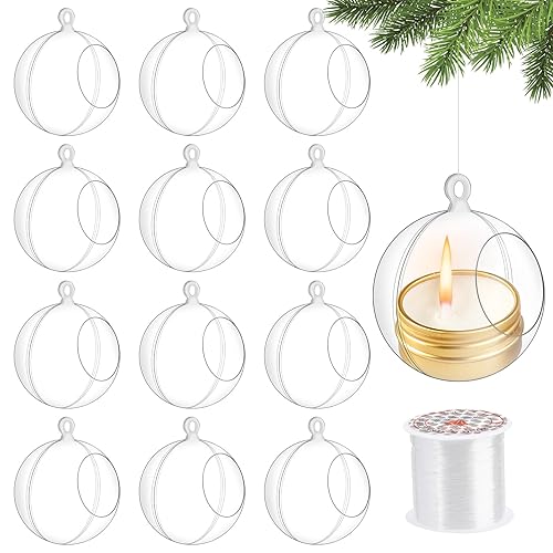 12 Pcs Hanging Globe Tealight Holders Acrylic Fillable Ball Ornaments Clear Plastic Terrarium Globe Hanging Tea Lights Candle Holder with Fishing Line for Christmas Party Wedding Centerpiece