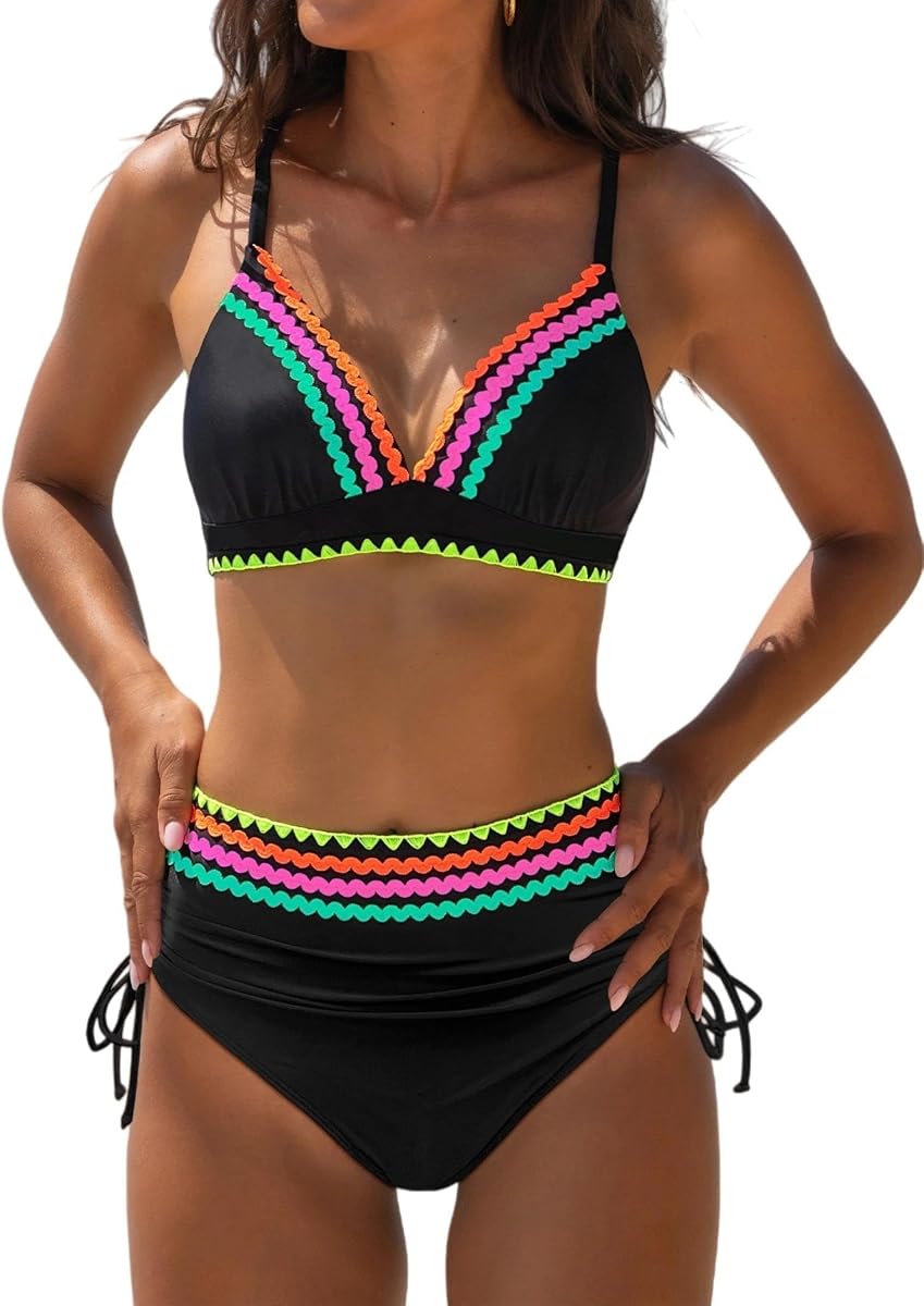 popvil Conjunto de bikini de talle alto para mujer, traje de baño de 2 piezas con control de barriga de neón