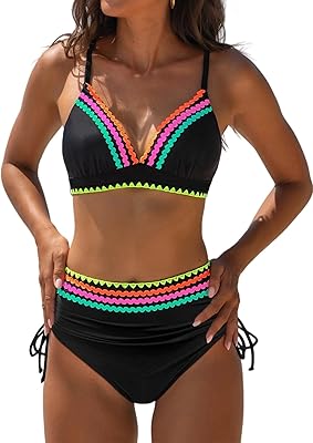 popvil High Waisted Bikini Sets for Women Tummy Control Swimsuits Two Piece Neon V Neck Drawstring Bathing Suits 2026