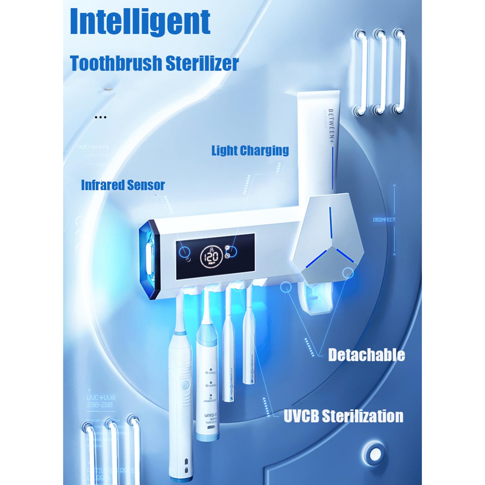 Sterilizzatore per spazzolino UV intelligente Disinfezione senza punzonatura Scaffale per spazzolino da denti Spazzolino da denti a parete Spremere dispositivo per dentifricio,Black