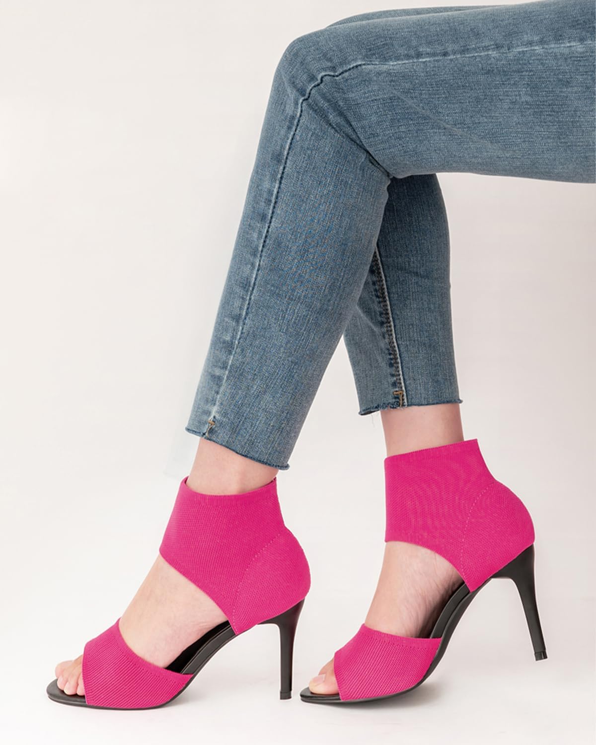 Peep Toe Heels for Women Sexy 3 Inches Stiletto Heeled Sandals for Women Open Toe Wide Stretchy Knit Heel Sandal Booties Slip On Comfortable Dressy Shoes for Prom, Party and Work - Image 3