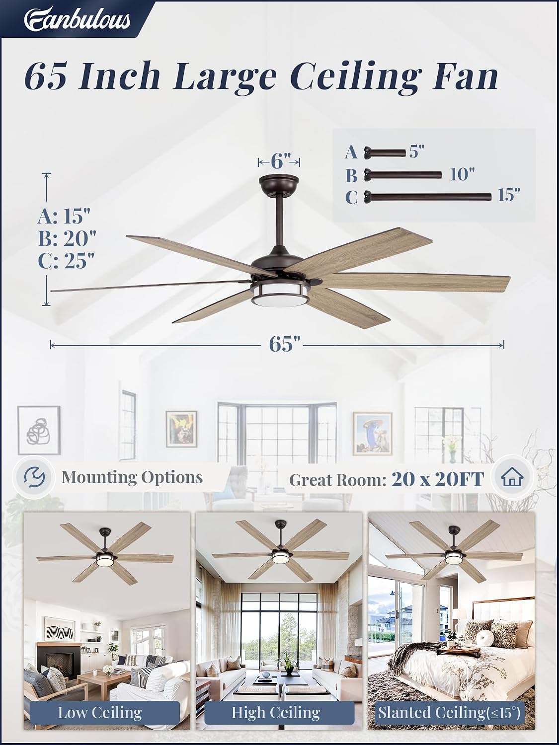 Fanbulous 65 Inch Ceiling Fans with Lights, Farmhouse Large Ceiling Fans with Remote, Oil Bronze Modern Ceiling Fan with LED Light, Quiet DC Motor for Living Room, Bedroom, Kitchen, Indoor