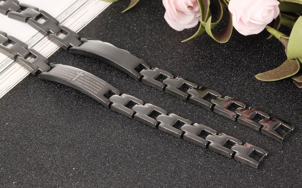 Men's Stainless Steel English Bible Lords Prayer Cross Bracelet Black Wrist Chain Religious Jewelry