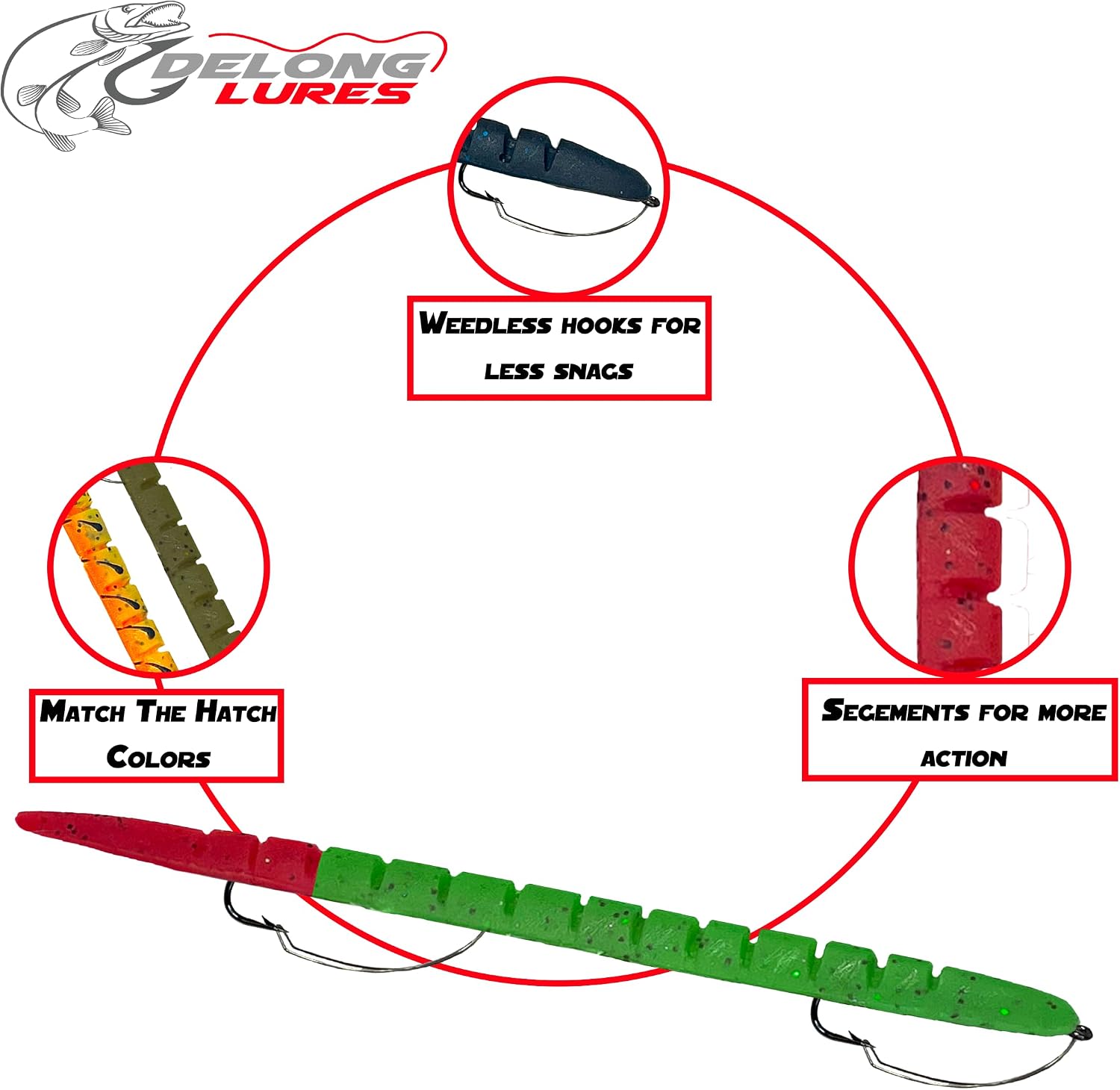Delong Lures Fishing Lures, Made in America, Pre-Rigged Weedless Bass Lures for Fishing, Segemented Soft Platisc Fishing Bait, Fishing Worm Lure, Fishing Tackle Kit