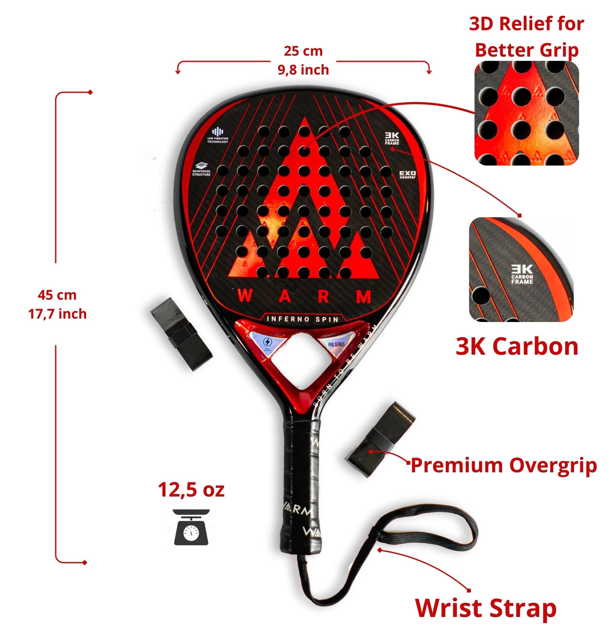 Warm Inferno Spin Teardrop Padel Racket – 3K Carbon Fiber Face