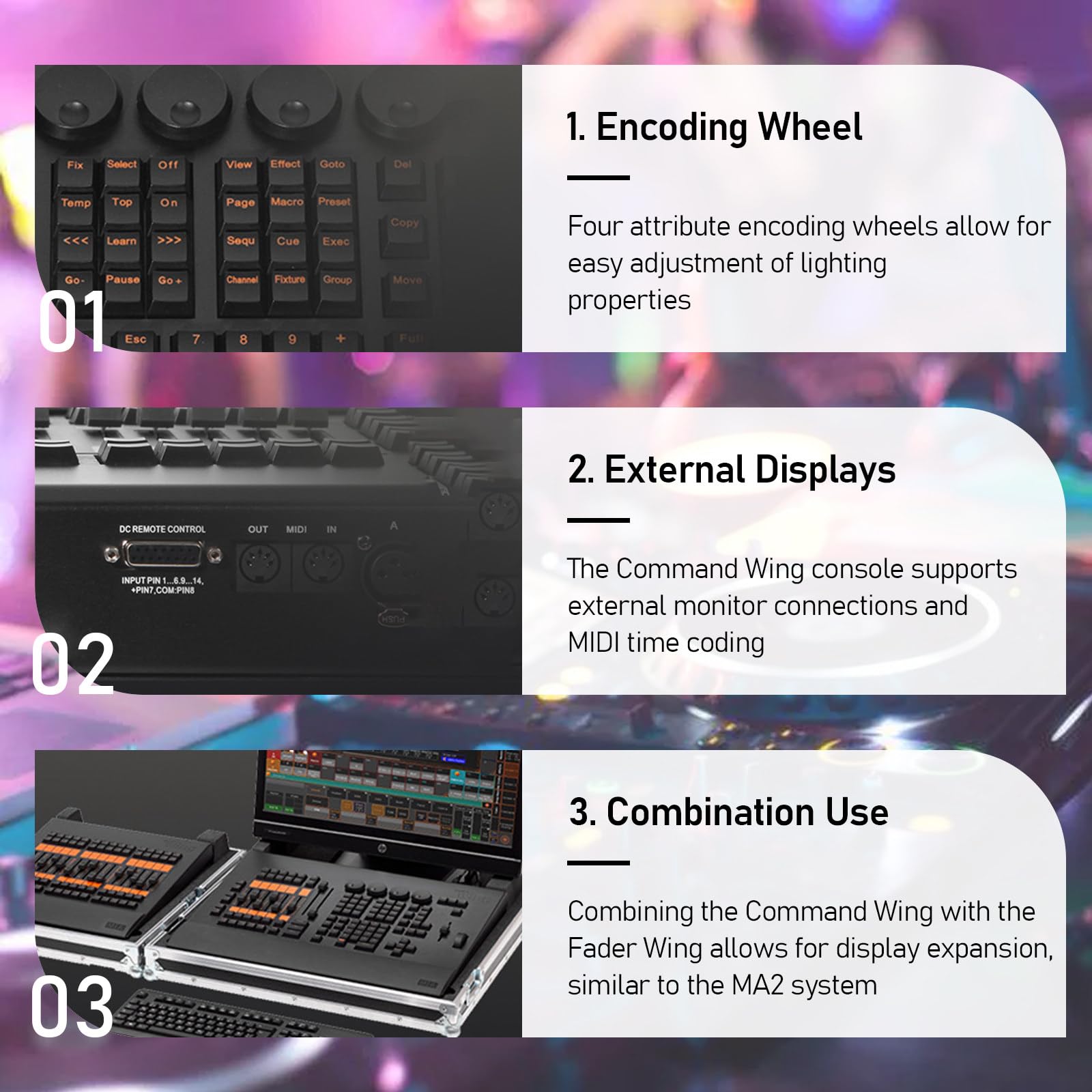 Consola de mezcla de iluminación para grabación de música, compatible con pantalla externa, control versátil y funciones de mezcla