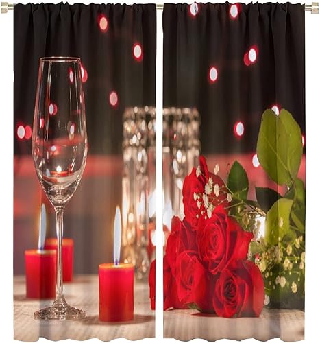 Miniatura 8 de Cortinas con estampado de cena con velas para el día de San Valentín, decoración romántica de tela romántica con bolsillo para barra, juego de 2