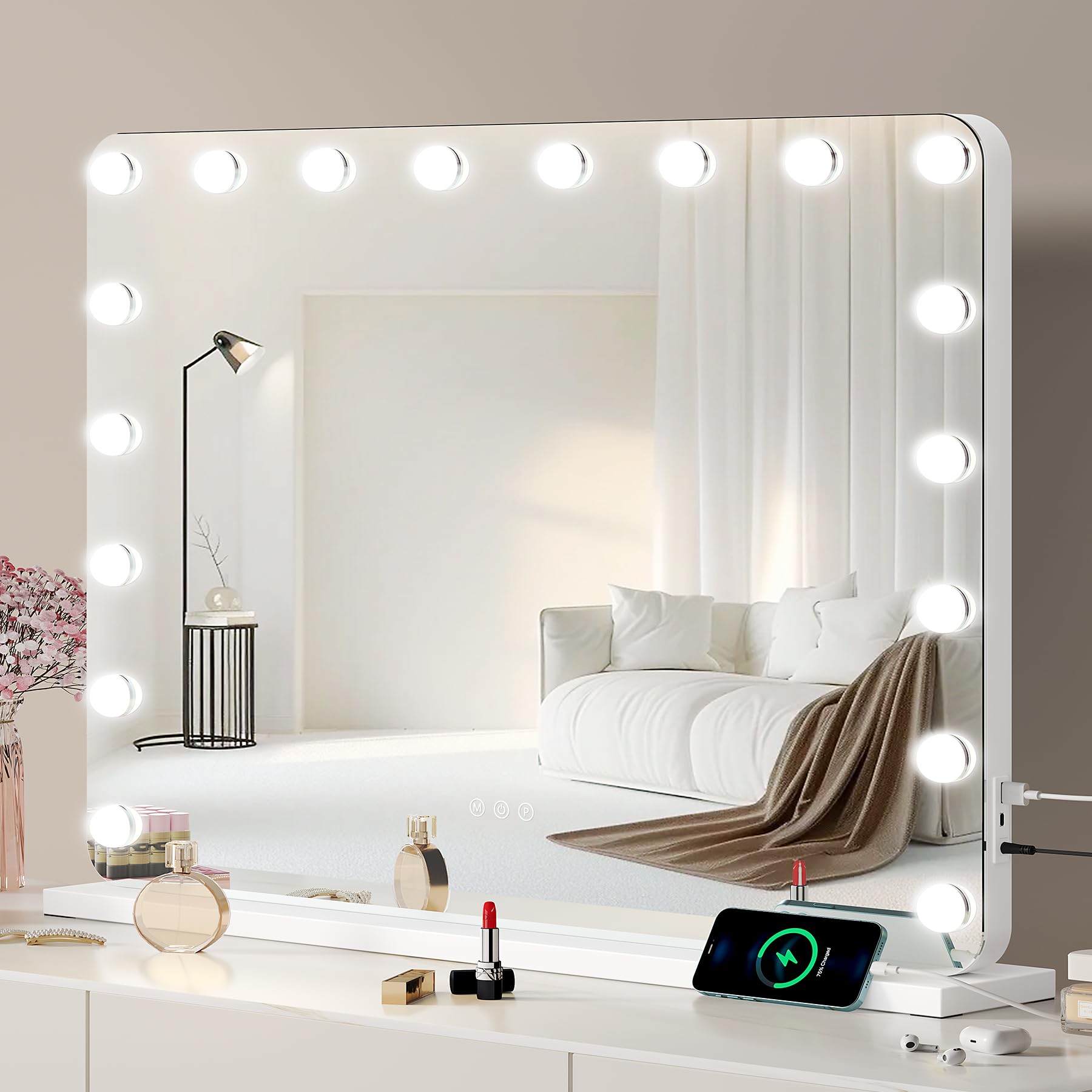 Hollywood Vanity Mirror with Lights, 80x60 CM Large Makeup Mirror with 18 Dimmable LED Bulbs, 3 Lighting Modes, 10x Magnifying Mirror, Memory Function, Tabletop or Wall Mounted Mirror For Bedroom
