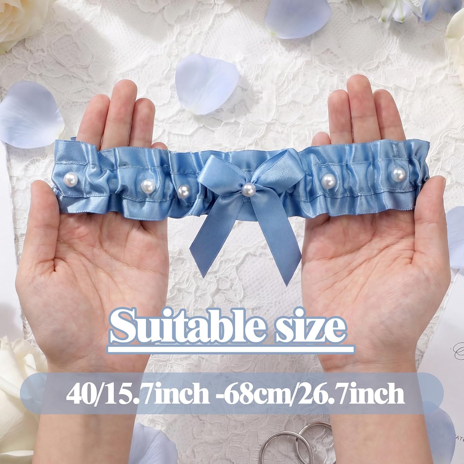 Blue Satin Wedding Garters Pearl Bows Bridal Garters Set Wedding Something Blue Decorations for Women Bride Bridal Shower Accessory Engagement Gifts