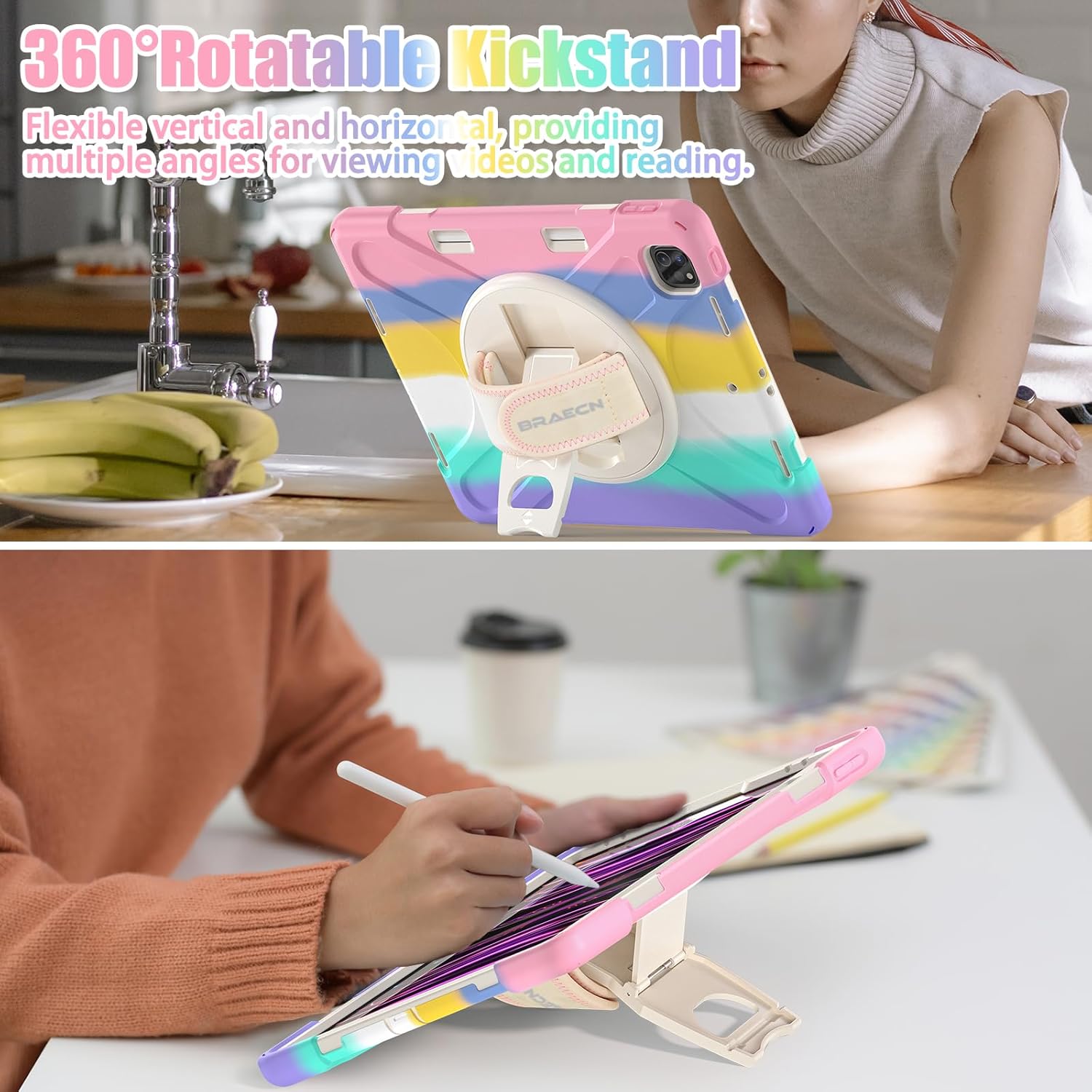 BRAECNstock Kids Case for Apple iPad Air 13 inch (M3/ M2)/ Pro 12.9 inch 6th/5th/4th/3rd Geneation, Shockproof Protective Case with Pencil Holder, [360° Rotating Hand Strap + Stand], Colorful Pink - Image 4