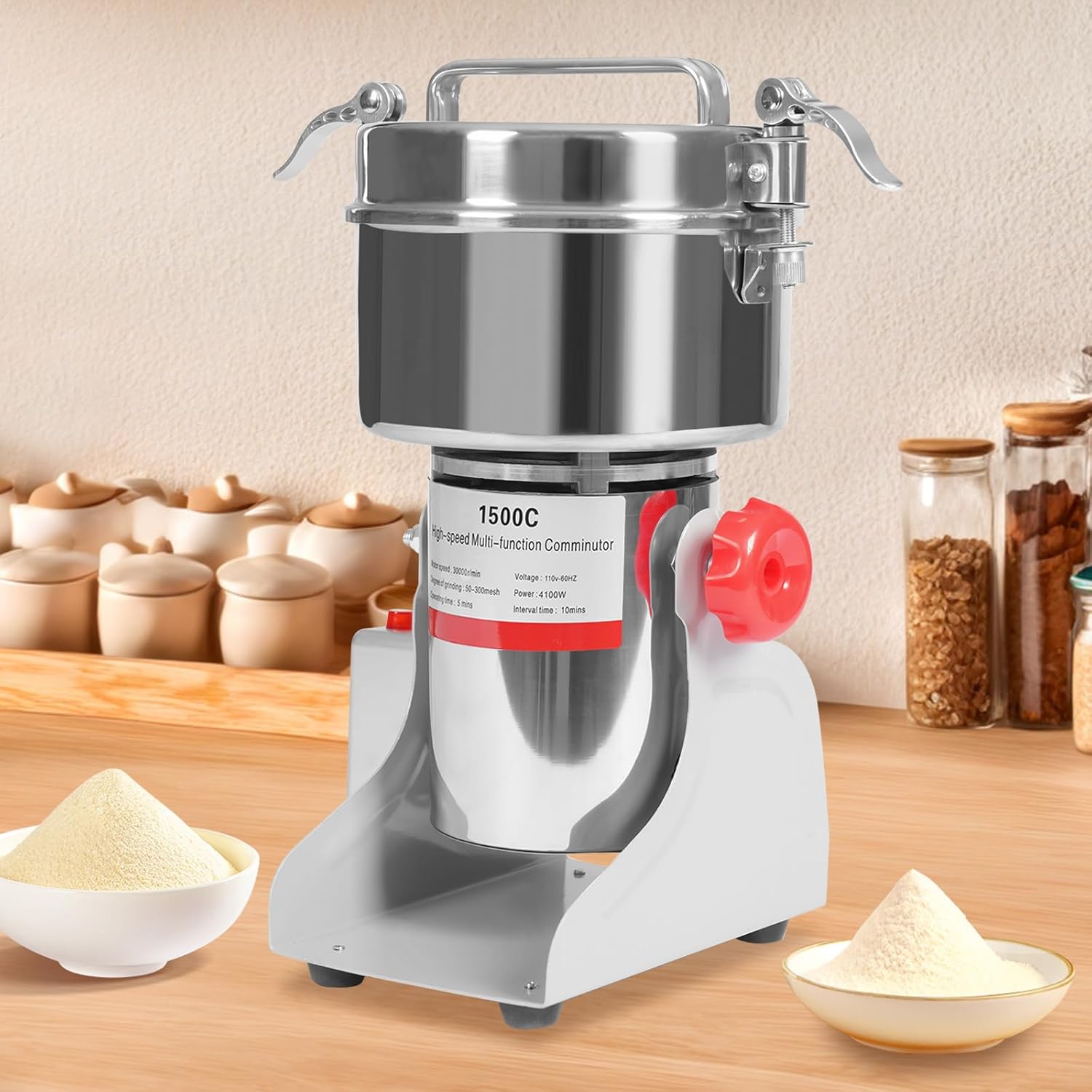 JAYGOVAN 1000g Grain Mill Grinder Electric Stainless Steel Grain Grinder 4100W Commercial Spice Grinders High-Speed Pulverizer Powder Machine for Dry Grains Spices Cereals Coffee Corn Pepper