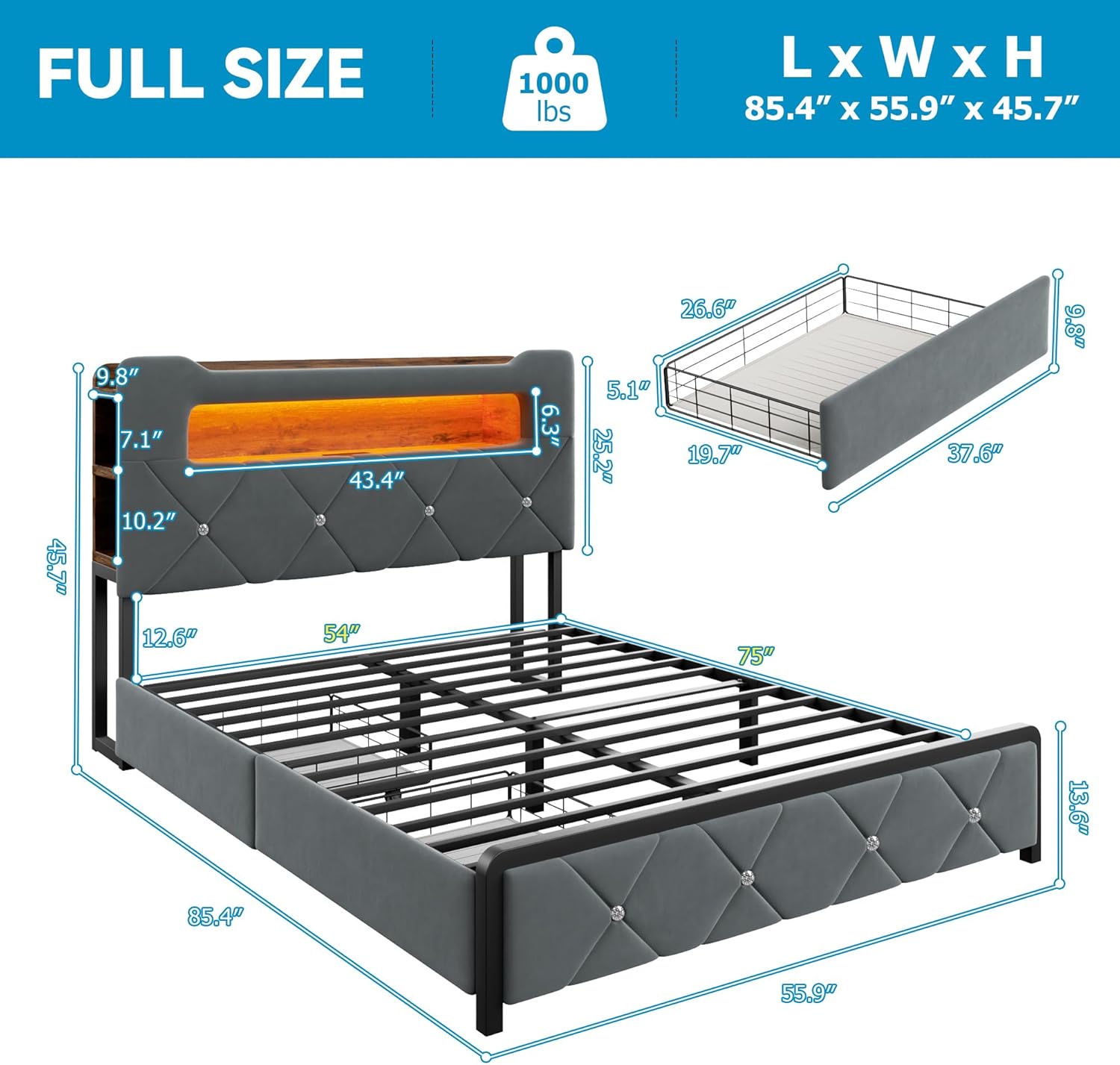 full upholstered led bed frame with 2 storage drawers and 2-tier storage headboard, velvet platform bed with charging station & bookcase, corner bed frame, heavy duty metal support, grey grey full