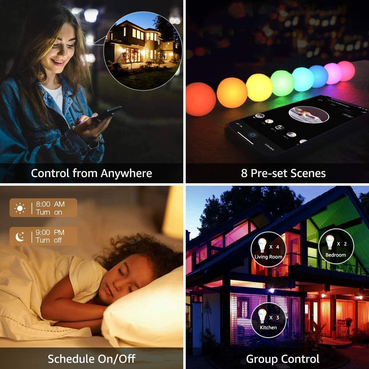 A19 E26 Multicolor 10W LED Light Bulbs, Smart WiFi Light Bulb Compatible with Alexa and Google Home Assistant, LED RGB Color Changing and 4000K 100W Equivalent, No Hub Required, Pack of 2