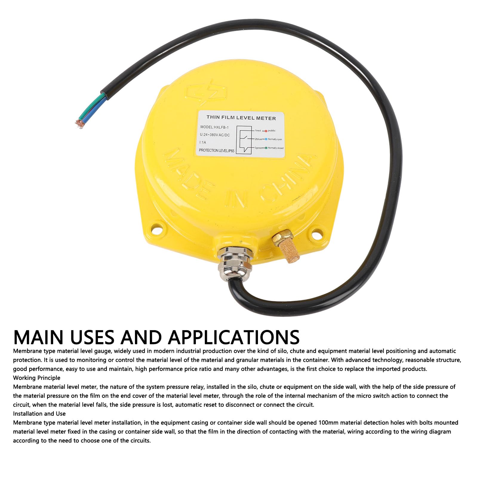 Garosa Compteur de Niveau à Couche Mince, Capteur de Vibrations à Film en Acier Inoxydable avec Réglage de la sensibilité à 5 Positions pour Silos à Ciment et Stockage de Grains, Jauge de Niveau