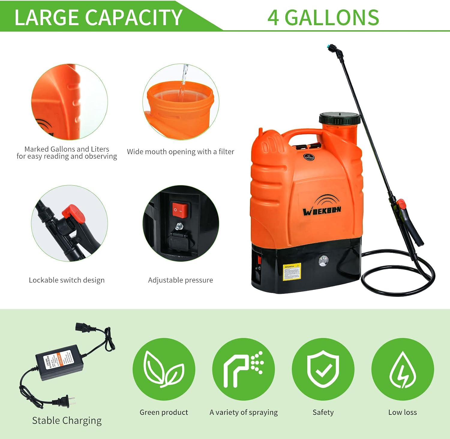 WOEKBON 4 Gallon Battery Powered Backpack Sprayer Electric Garden Pump Sprayer with Lithium Battery for Long Time Spray Brass Telescope Wand and Multiple Nozzles for Spraying Cleaning。