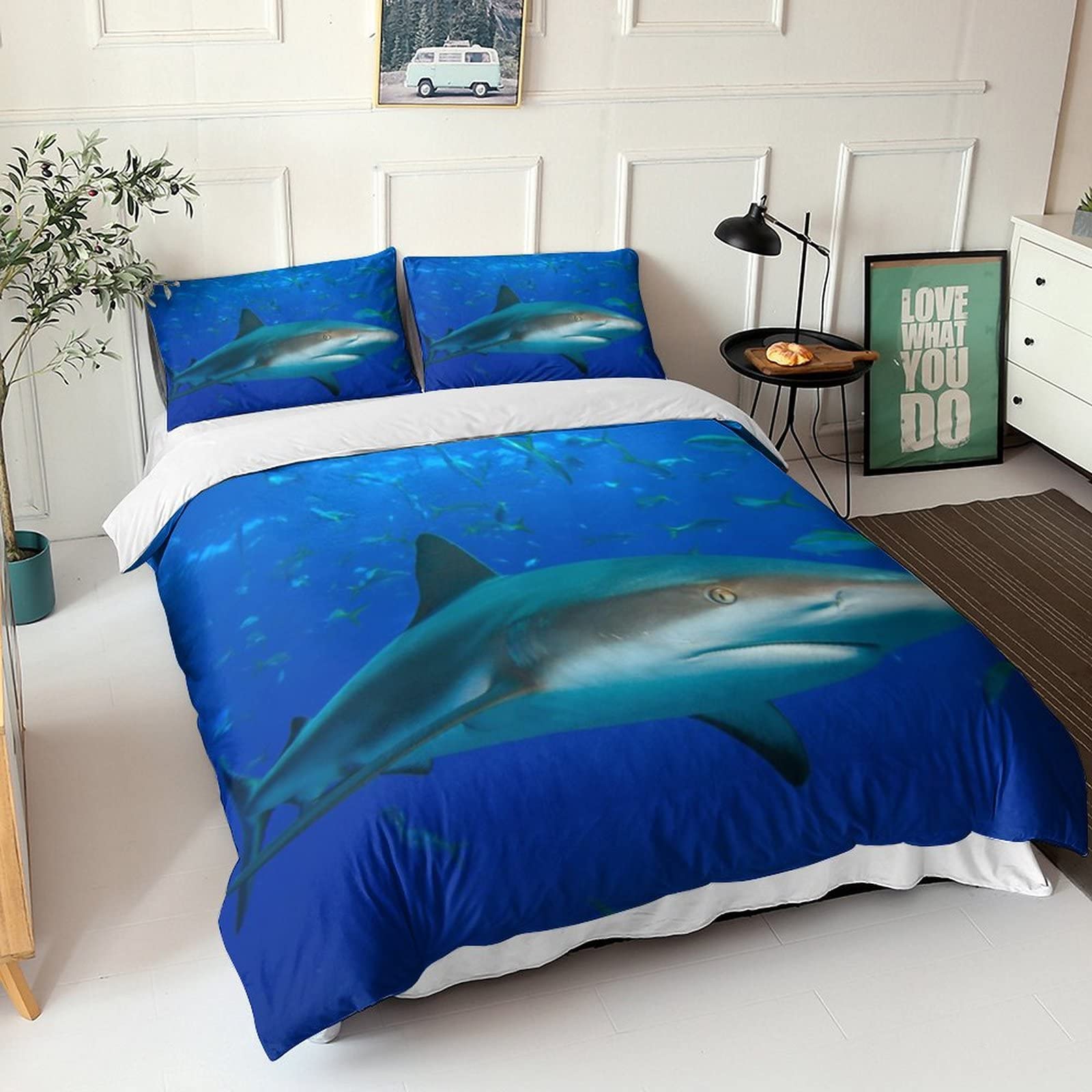 Parure de lit shark en microfibre 3D marine avec housse de couette et taies