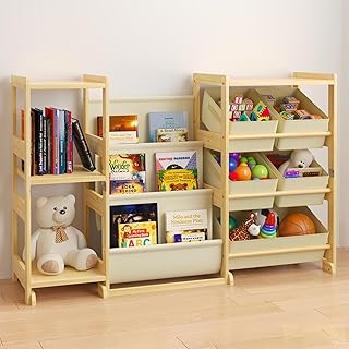 Kids Bookshelf and Toy Storage Organizer with 3-Tier Book Display and Shelves, Kids Toy Organizers and Storage with Bins, Book Shelf for Kids Rooms, Playroom Decor for Toddler Bedroom Nursery