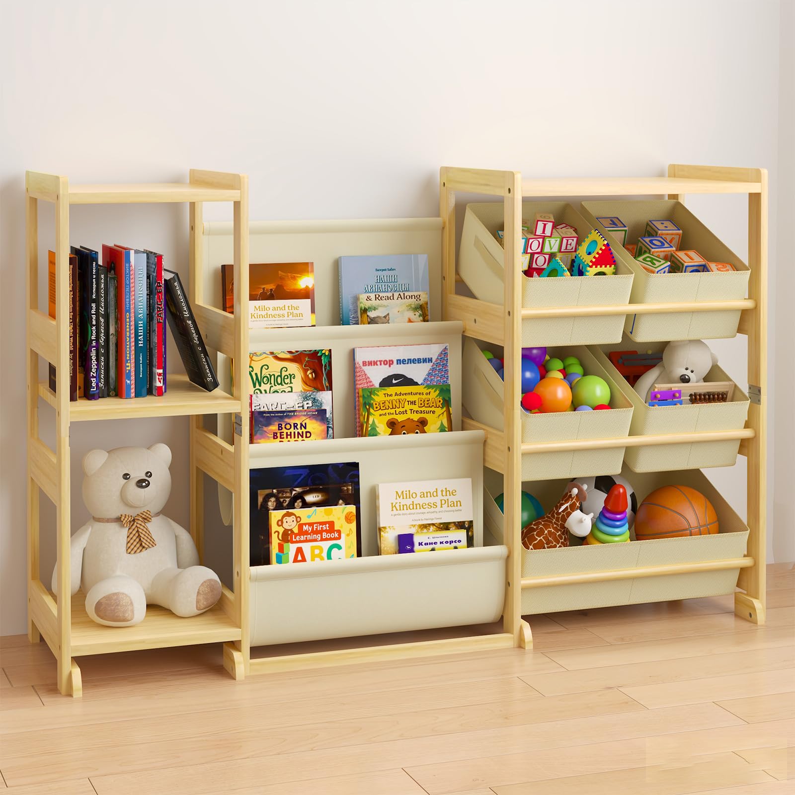 Photo 1 of Kids Bookshelf and Toy Storage Organizer with 3-Tier Book Display and Shelves, Kids Toy Organizers and Storage with Bins, Book Shelf for Kids Rooms, Playroom Decor for Toddler Bedroom Nursery