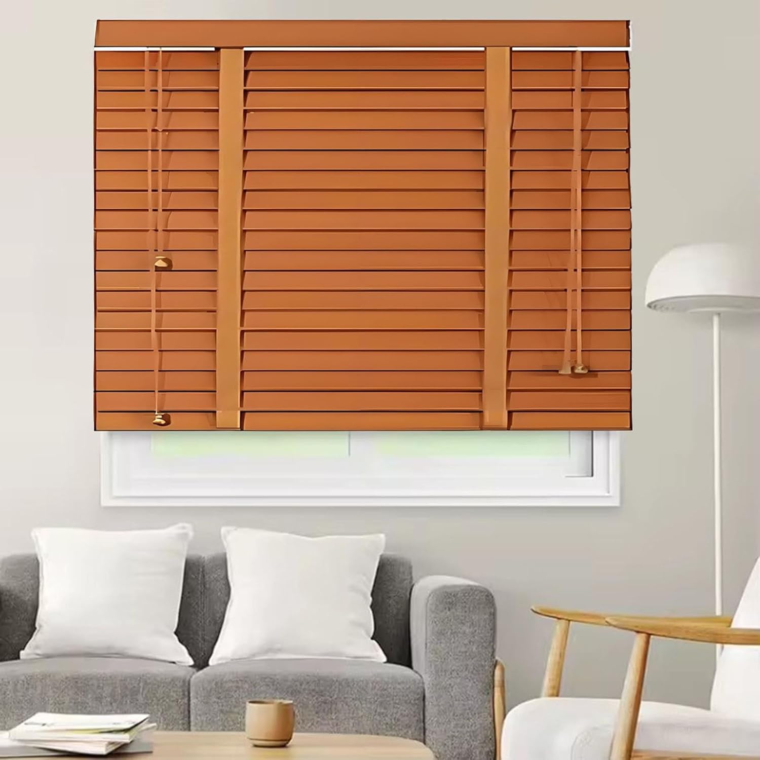 Faux Wood Blinds for Window, White Room Darkening Venetian Blind 34" 36" 38" 48" 50" 52" 54" 56" 58" 64" W Privacy Cordless Wooden Blinds for Bedroom Batenroom Shade, 2" Slat(Light Brown)