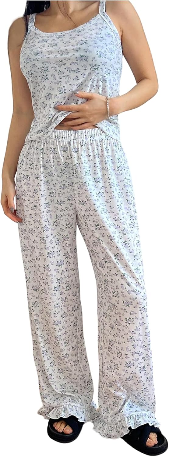 Floerns Women's 2 Piece Floral Pajama Sets Camisole Tops and Ruffle Pants Set Y2K Cute Loungewear