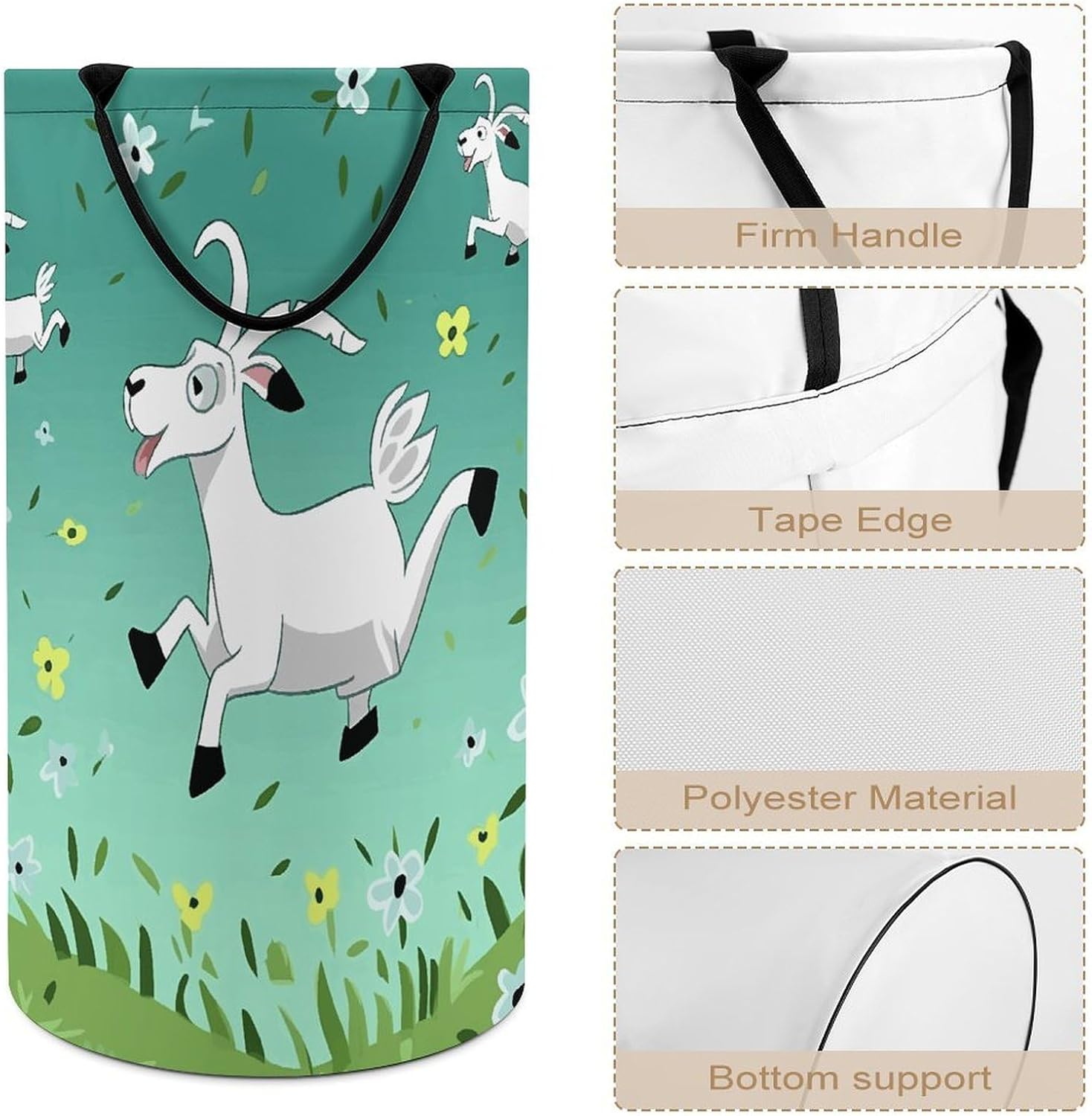 Goat Frolic Laundry Hamper with Handles Waterproof Collapsible Laundry Basket Large Lightweight Round Dirty Clothes Hamper for Home Dorm Bathroom Decor