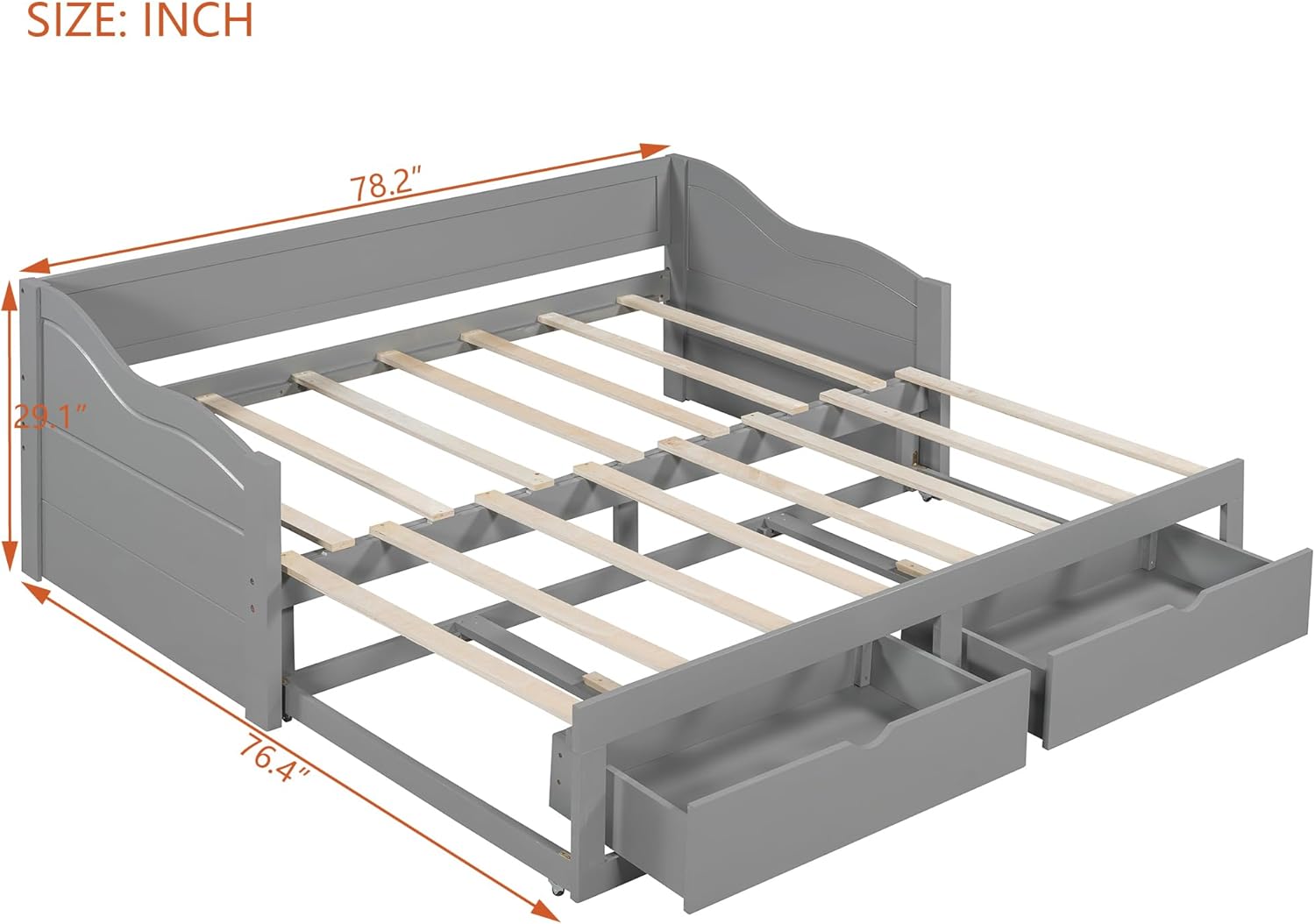 Polibi Extendable Daybed, Wooden Daybed with Trundle and Two Drawers, Convertible Sofa Bed with 2 Storage Drawers, Can be Expanded from Twin Size to King Size (Grey)