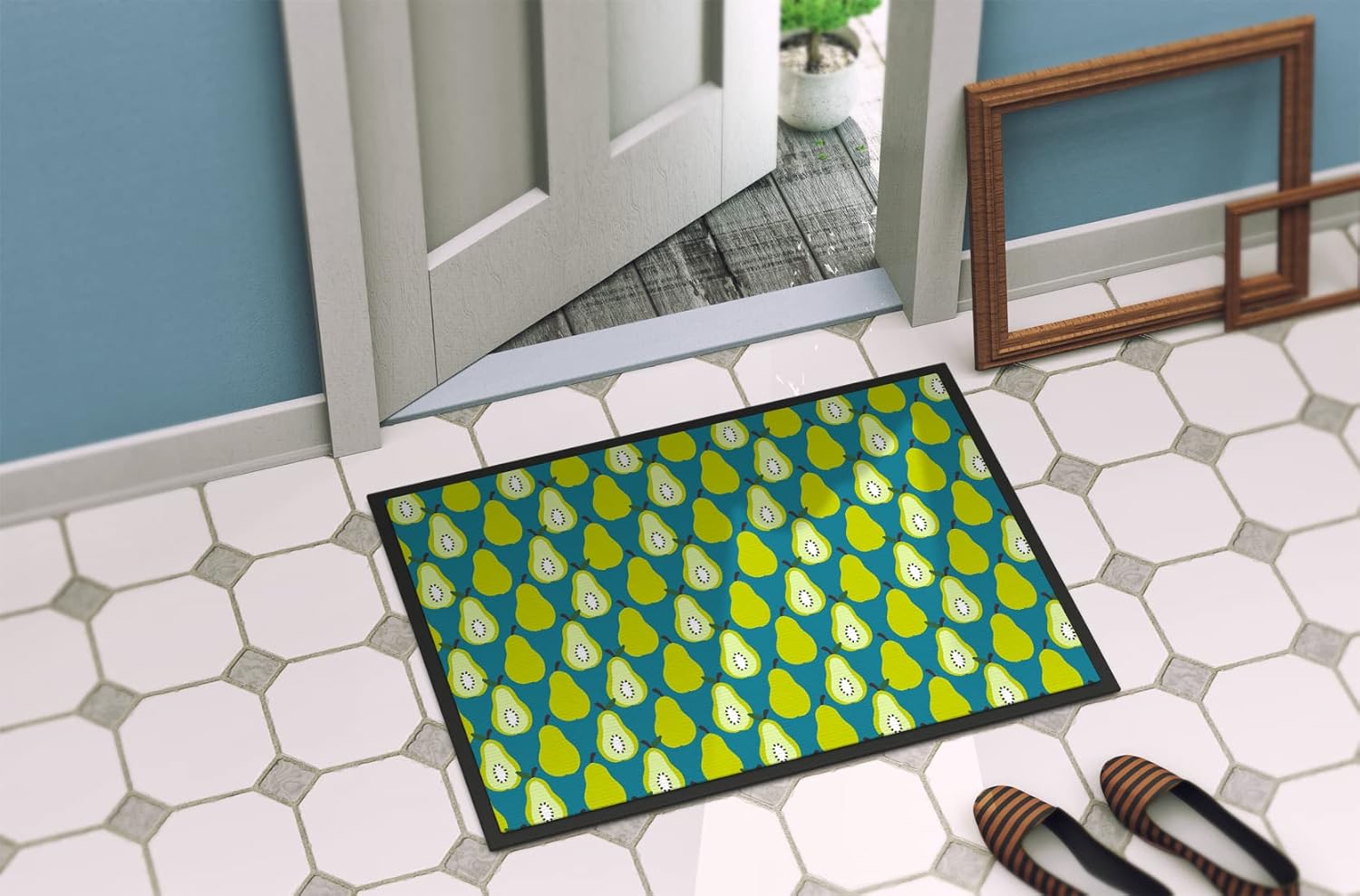 Caroline's Treasures BB5138MAT Pears on Green Doormat 18x27 Front Door Mat Indoor Outdoor Rugs for Entryway, Non Slip Washable Low Pile, 18H X 27W