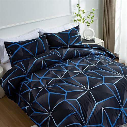Miniatura 4 de NTBED Juego de edredón geométrico 3D, juego de ropa de cama de microfibra ligera con patrón de diamante irregular para todas las estaciones (azul