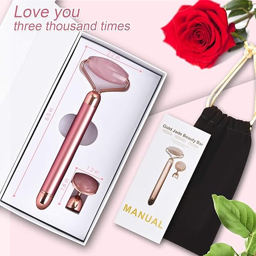 Miniatura 5 de Rodillo masajeador facial de jade vibrador 2 en 1 rodillo eléctrico de cuarzo rosa para antienvejecimiento reducción de arrugas que adelgaza y