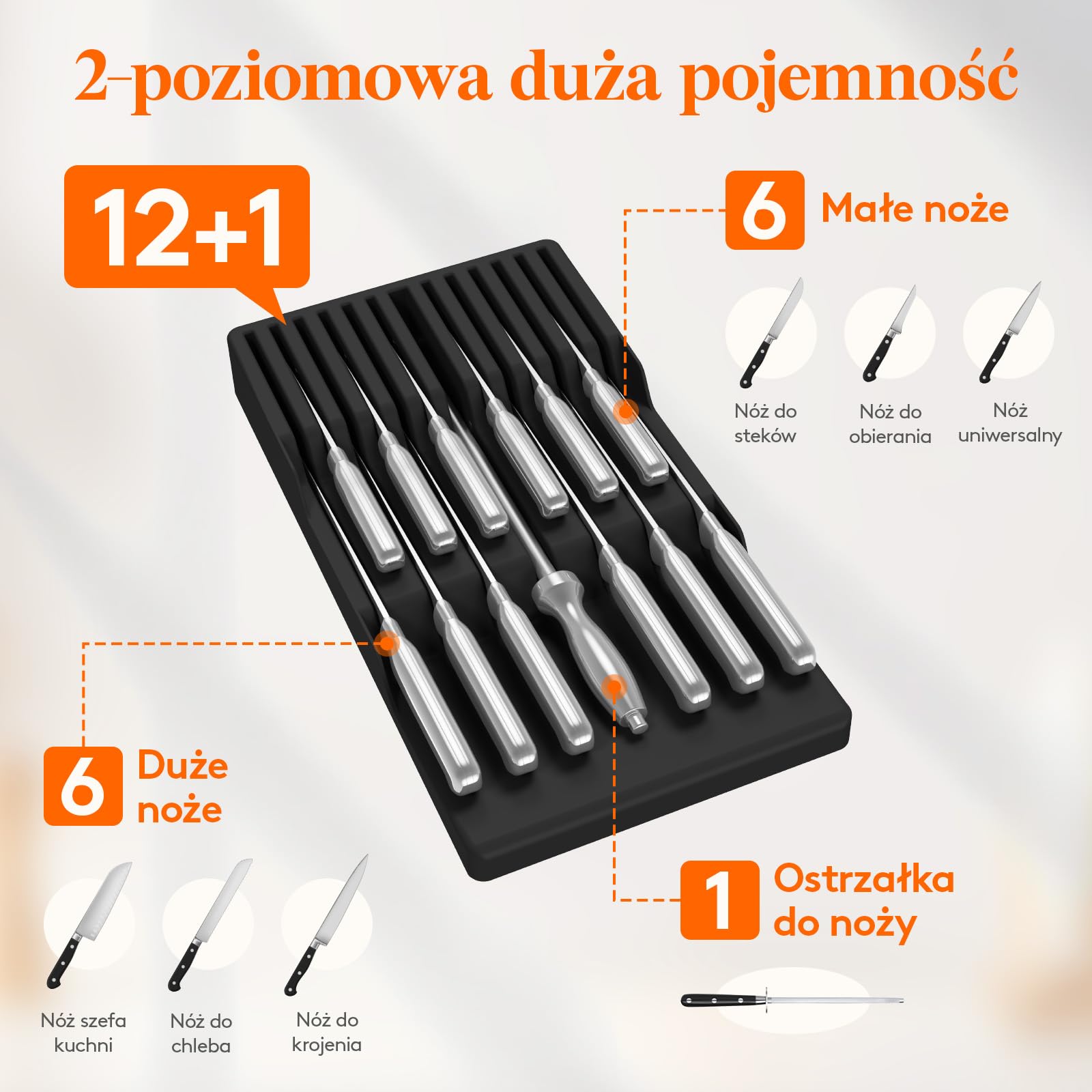 Lifewit Magnetyczna wkładka nożowa, szuflada na 12 noży, czarna | Organizer na noże pusty z tworzywa sztucznego z antypoślizgowym dnem, duża wkładka na noże do szuflady, 42 x 23 x 5 cm