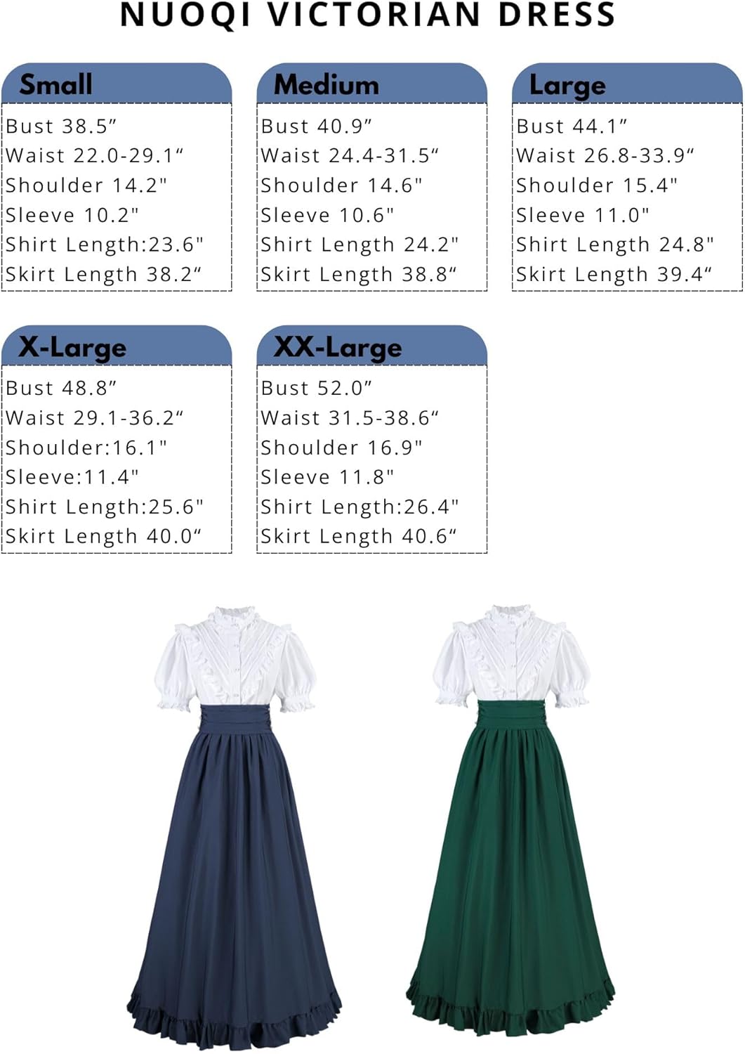 Nuoqi Womens Victorian Dress 2 Piece 1800s Edwardian Costume Vintage Short Sleeve Blouse Long Skirt