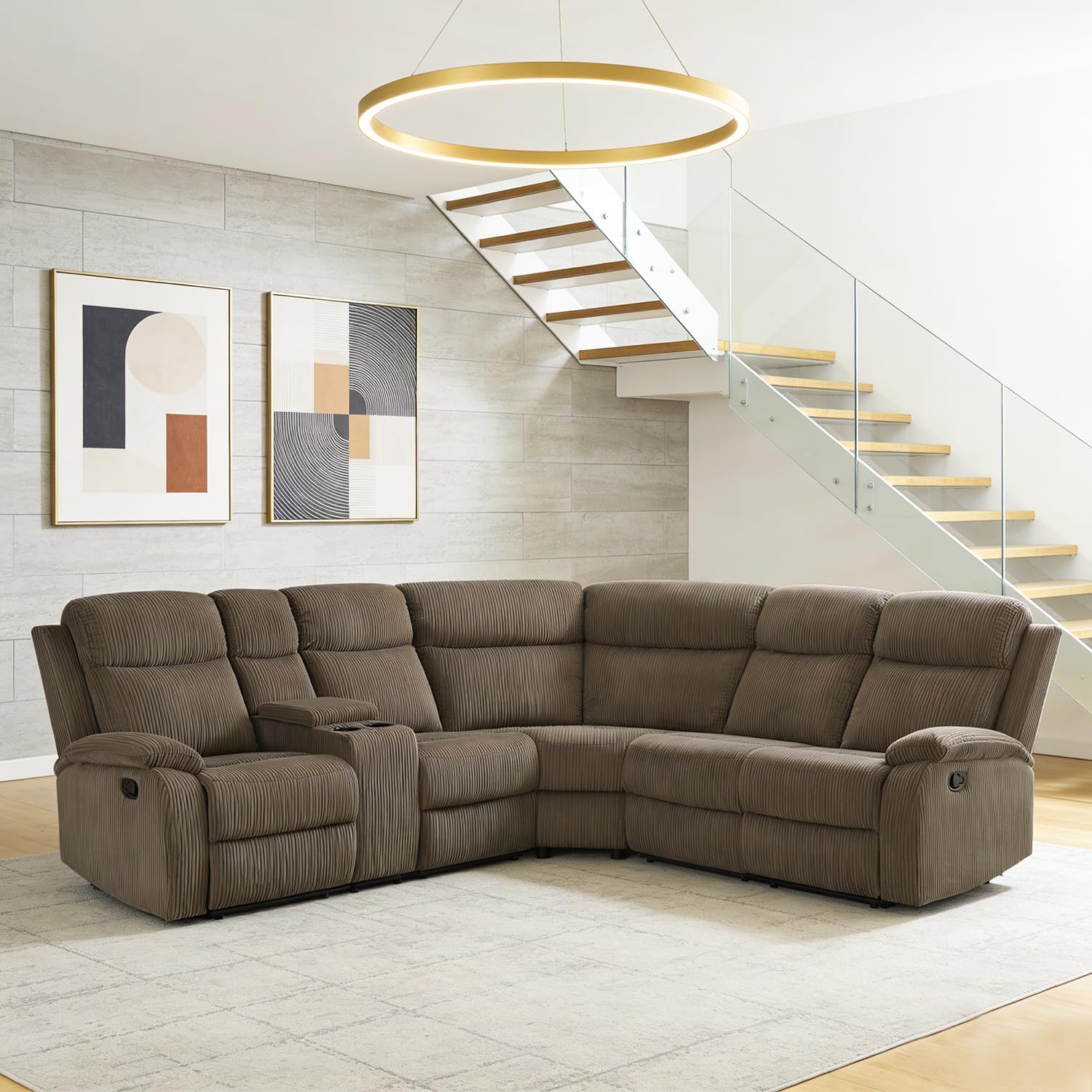 Recliner Sectional Sofa for Living Room Furniture Sets,Corduroy Manual Reclining Couch with Storage Console/Cup Holders,L Shaped Corner Couch 5 Seats for Small Space(Brown,Sectional)