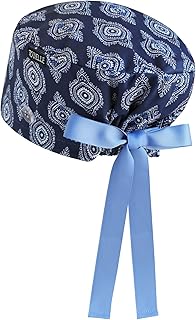 Navy Ethnic Euro Style Scrub Caps for Women and Men with Buttons, Adjustable Head Cover with Ribbons, Surgical Hat to Secure Long Hair and Helps Reduce Static Buildup