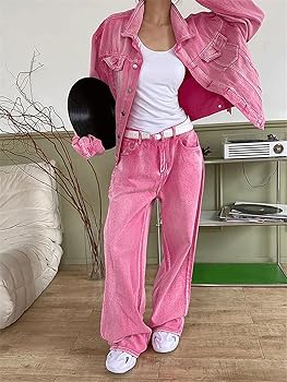 Amazon.com: Womens Denim Jacket Baggy Jeans 2 Pieces Set Long