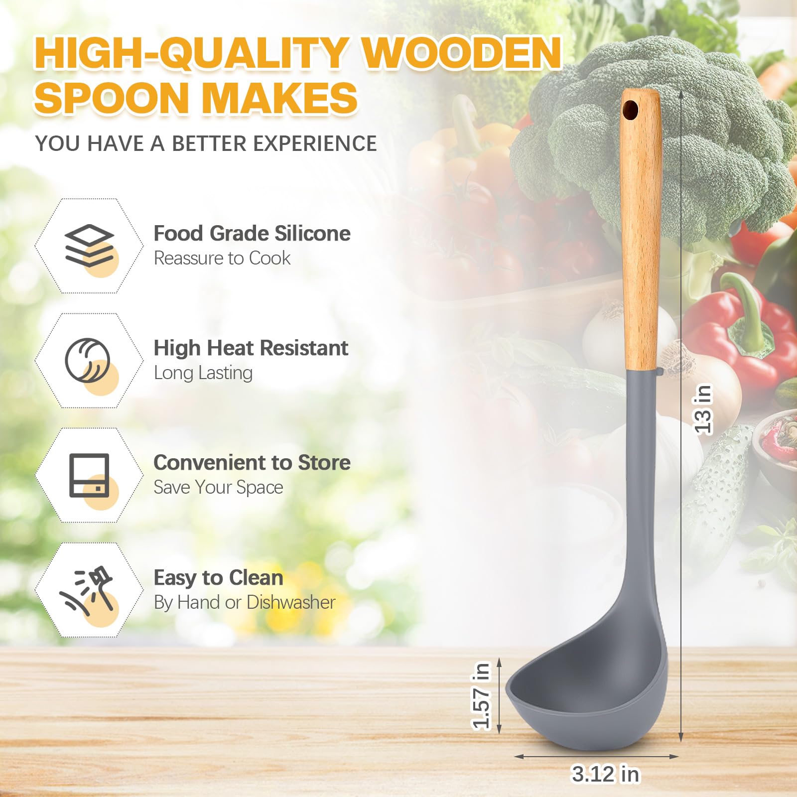 Reallnaive 4 Pcs Ladle Spoon Silicone Large Spoon for Soup with Wooden Handle 13 Inch Heat Resistant Non Stick Seamless Deep Rubber Ladle for Home Cooking Kitchen Utensils